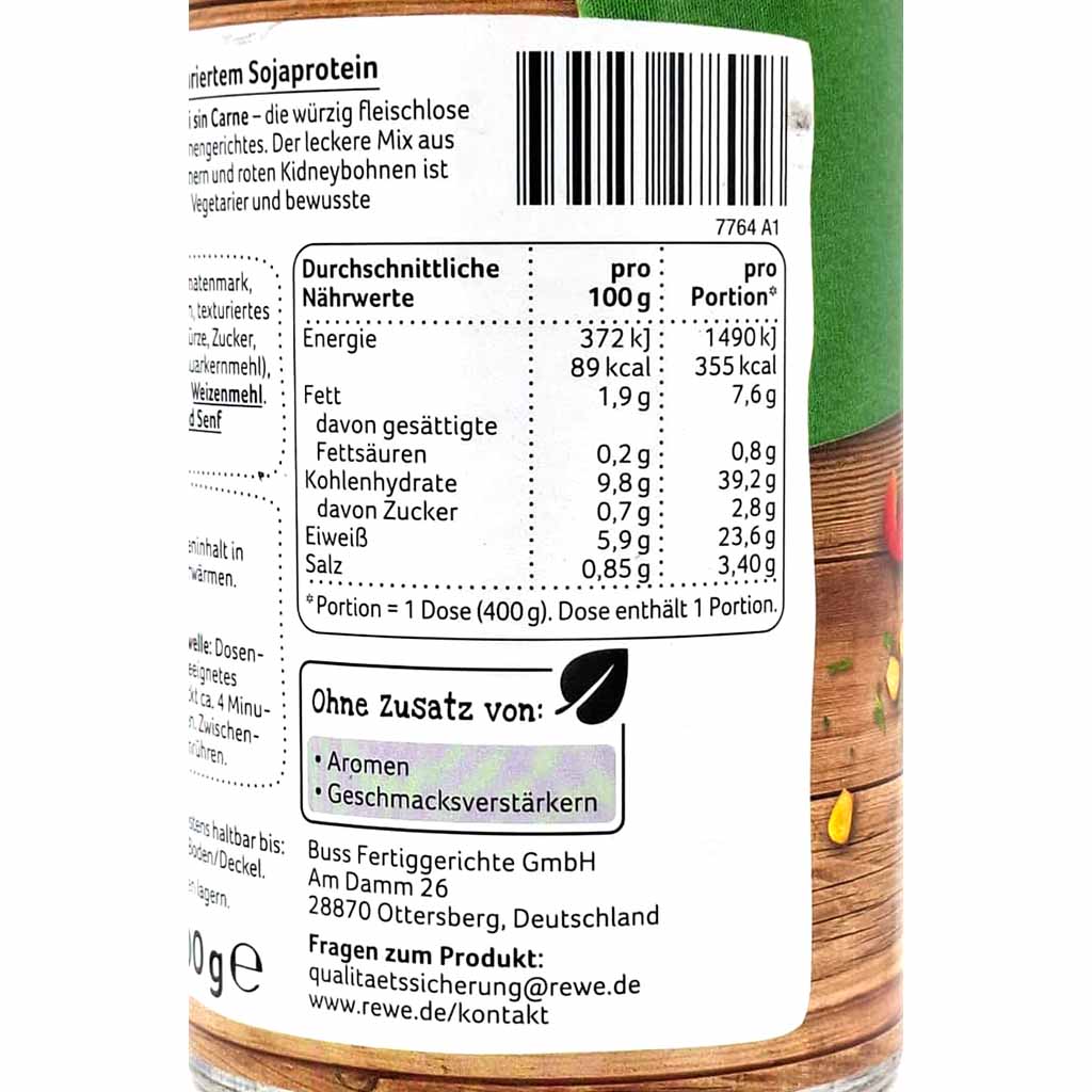 Buss Chili Sin Carne Vegan Bohnengericht 400g Dose