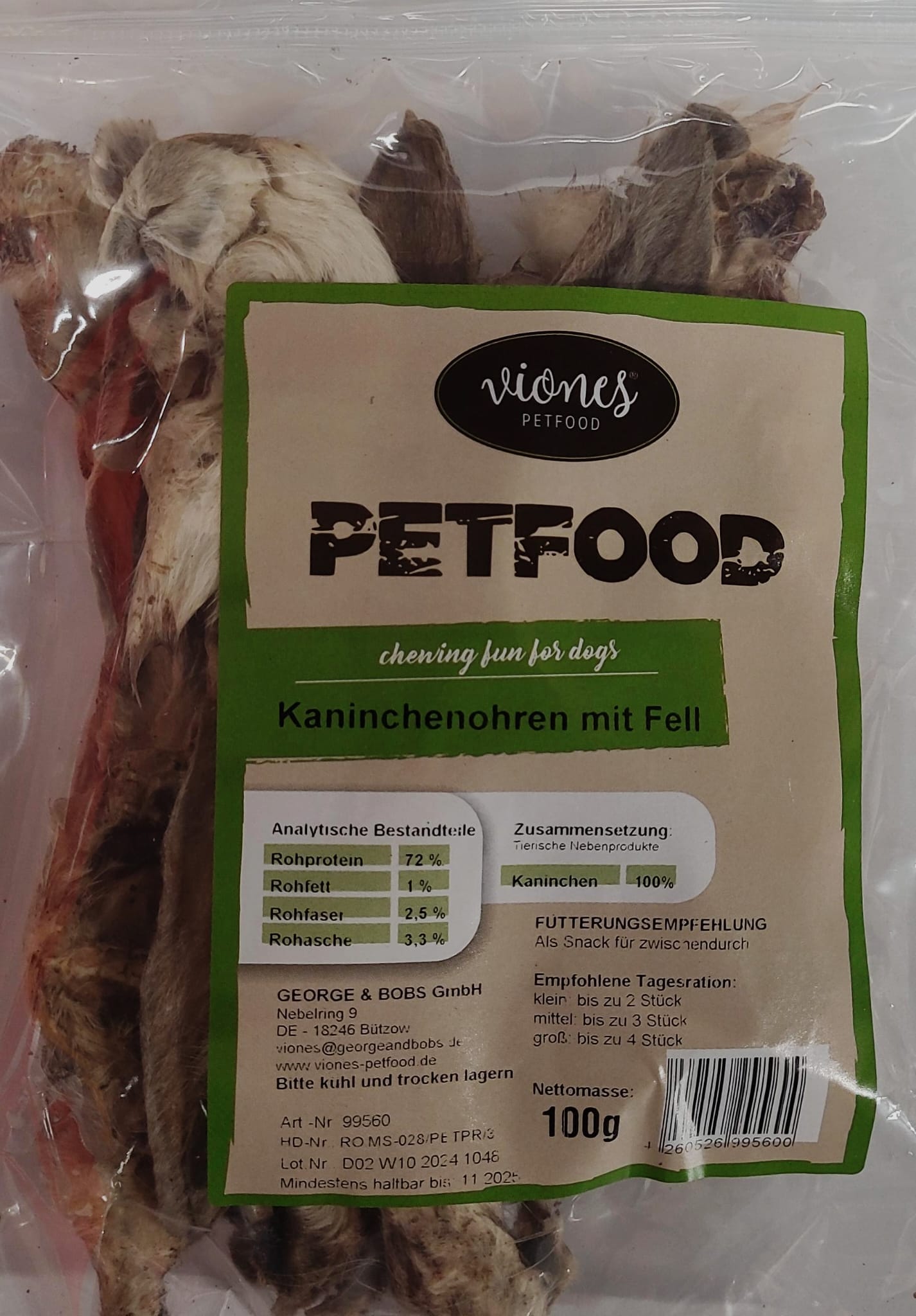 Hundesnack Kaninchen Ohren mit Fell 100g MHD 29.08.27