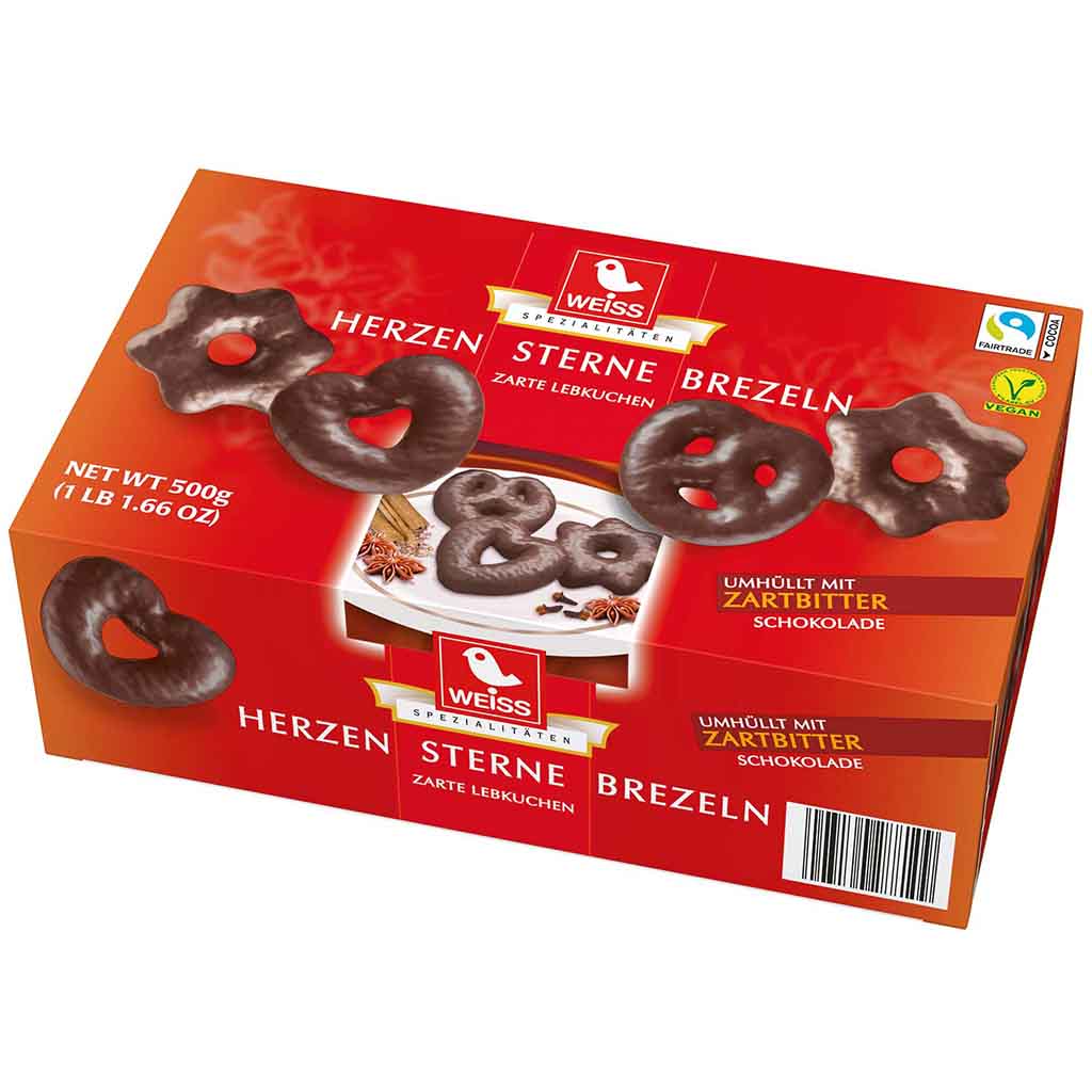 Weiss Lebkuchen Zartbitter Herzen Sterne Brezeln 500g MHD 30.04.26