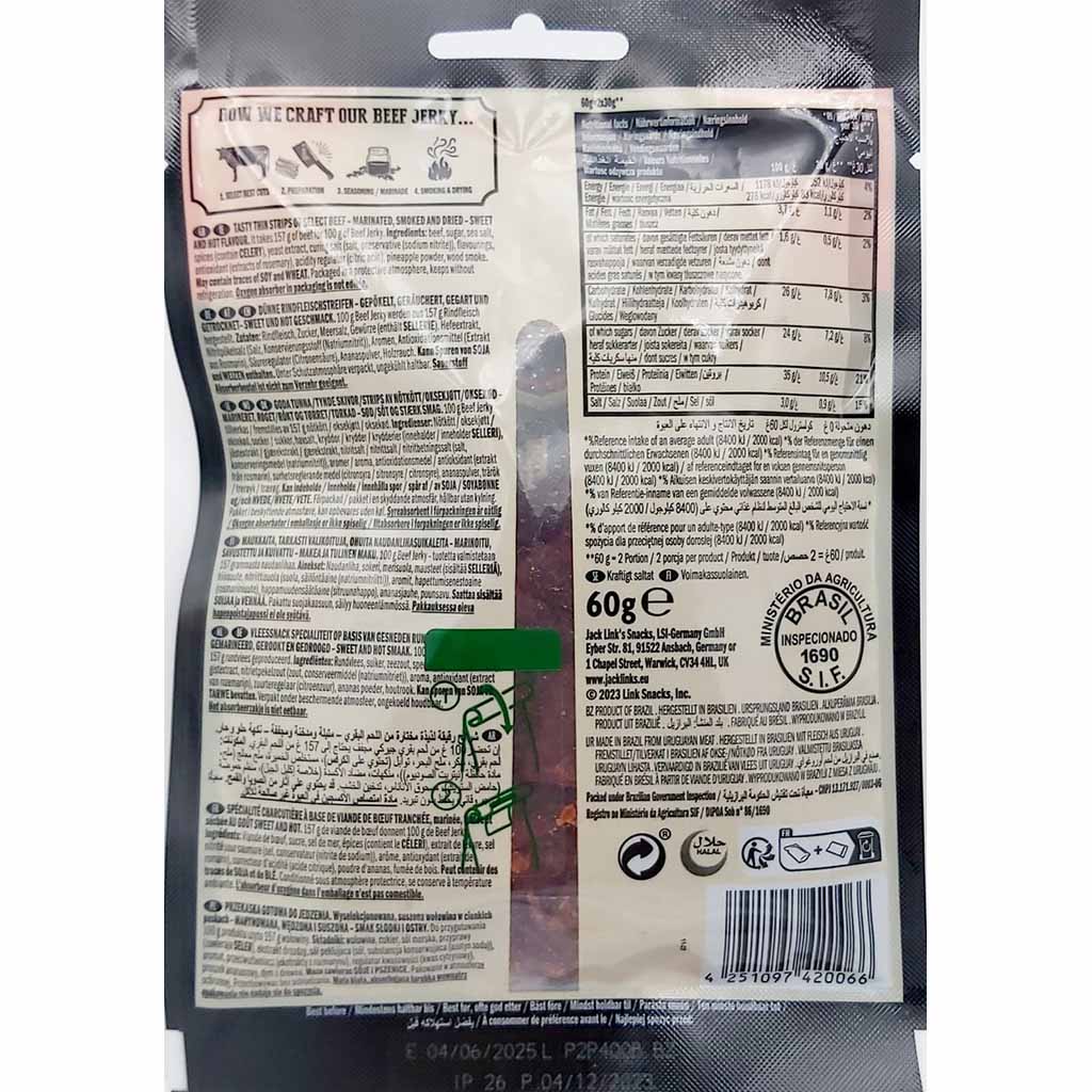 Jack Links Beef Jerky Sweet & Hot 60g  EAN 4251097420066 back