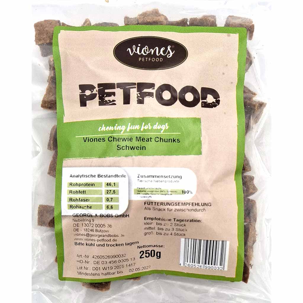Viones Petfood Hundesnack Meat Chunks Schwein 250g, 4260526990032, front