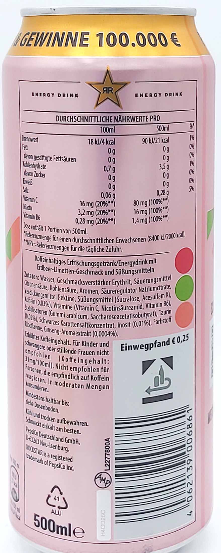 12x Rockstar Energy Drink Zero Sugar Strawberry Lime Flavour Dosen 12x500ml=6L, 4062139006878, 4062139006861