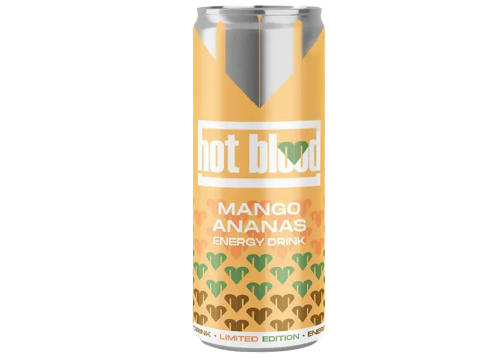 hot blood Energy Drink Mango Ananas Dosen  250ml MHD 30.08.26