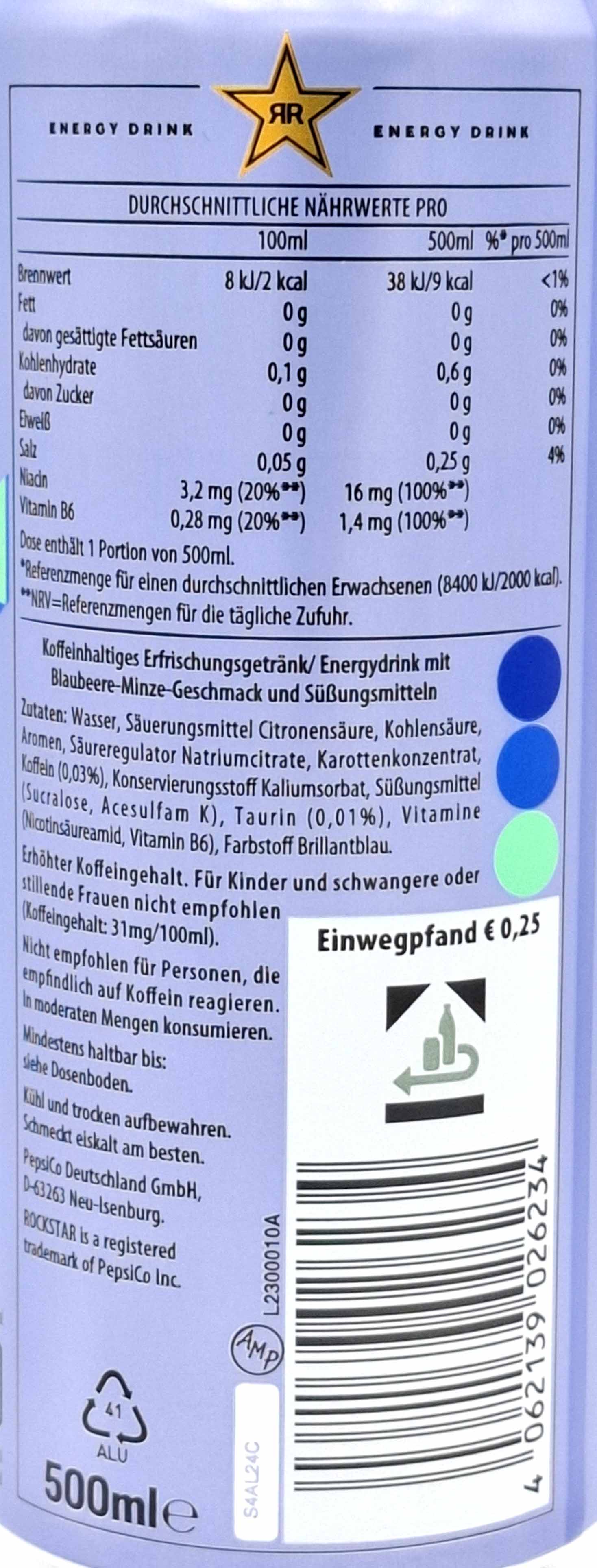 Rockstar Energy Drink Zero Sugar Blueberry Mint Flavour Dose 12x500ml=6L, 4062139026234, back