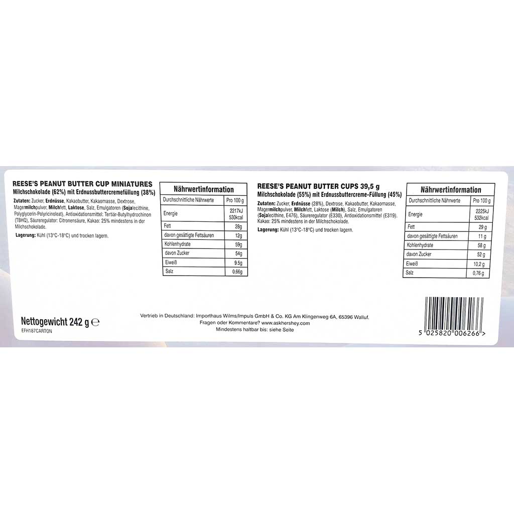 Reeses Adventskalender Peanut Butter Miniatures 242g Zutaten