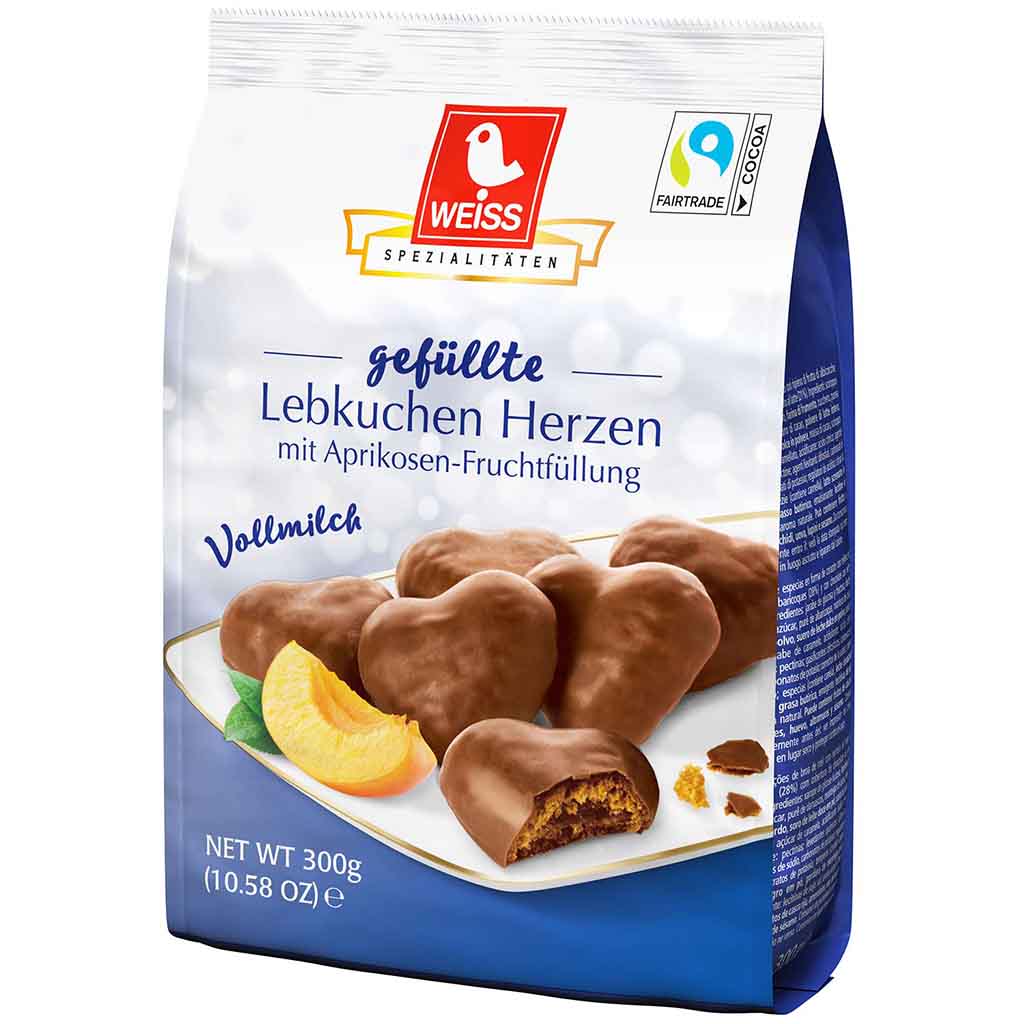 Weiss Lebkuchen Herzen mit Aprikosenfüllung Vollmilchschokolade 300g MHD 30.04.26