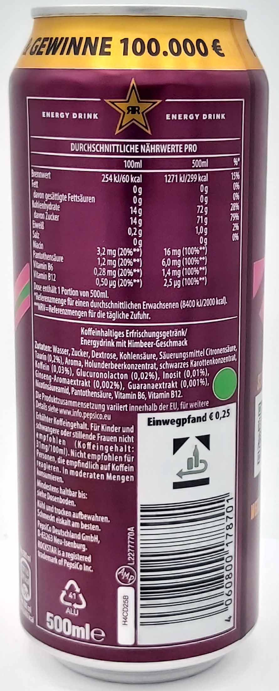 12x Rockstar Energy Drink Sour Raspberry Dosen 12x500ml=6L , 4060800178718, 4060800178701