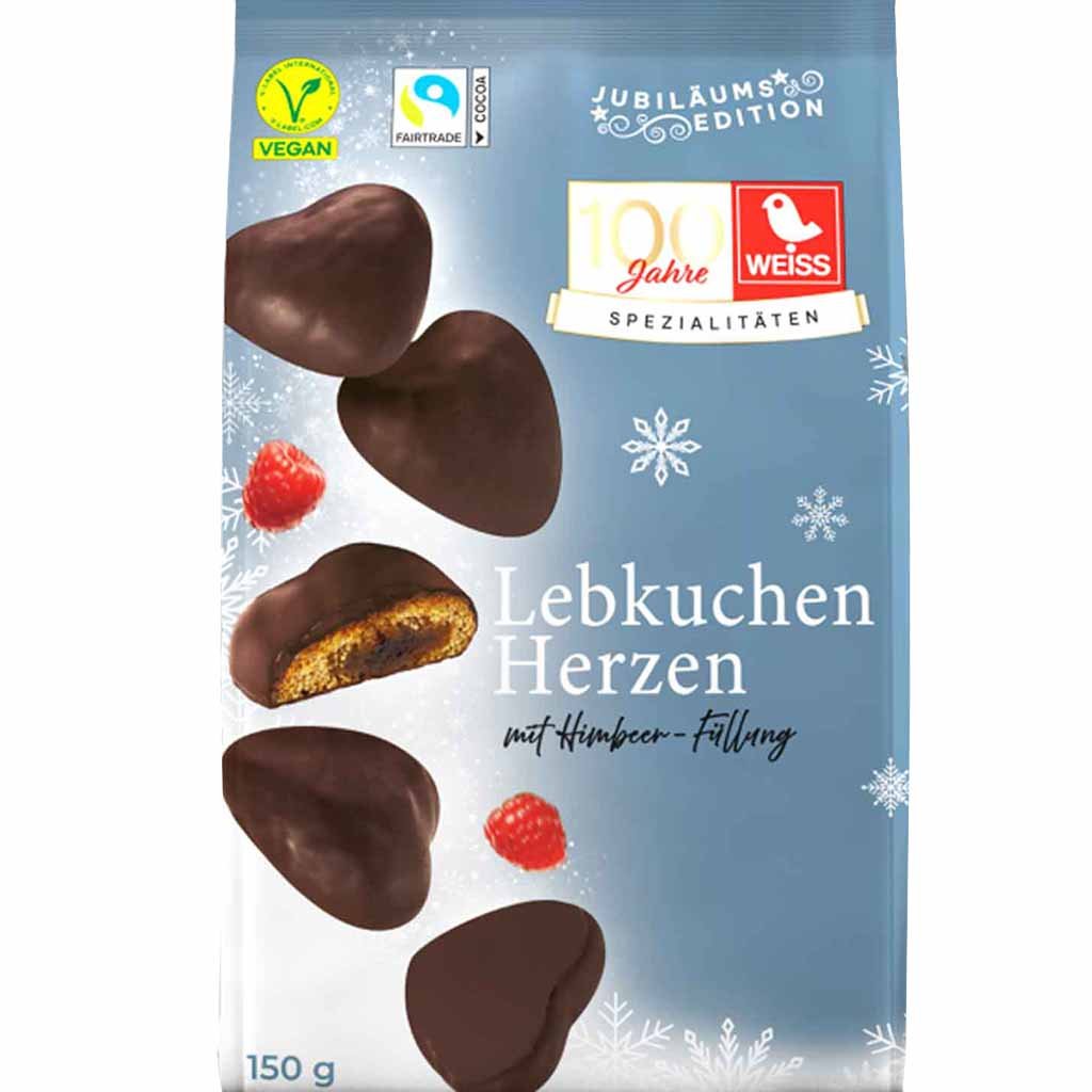 Weiss gefüllte Lebkuchen Herzen Zartbitter Himbeere 150g MHD 30.04.26