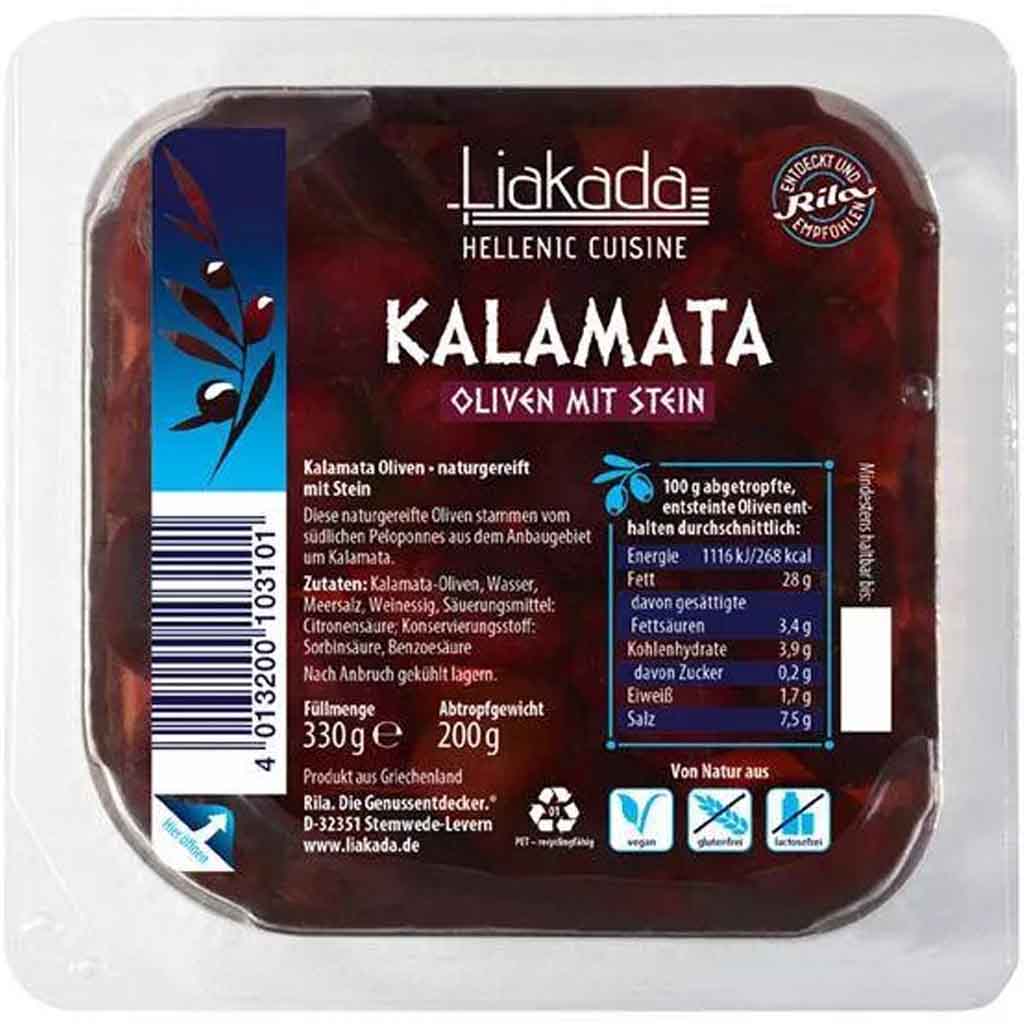 Liakada Kalamata Oliven mit Stein 200g MHD 03.07.26