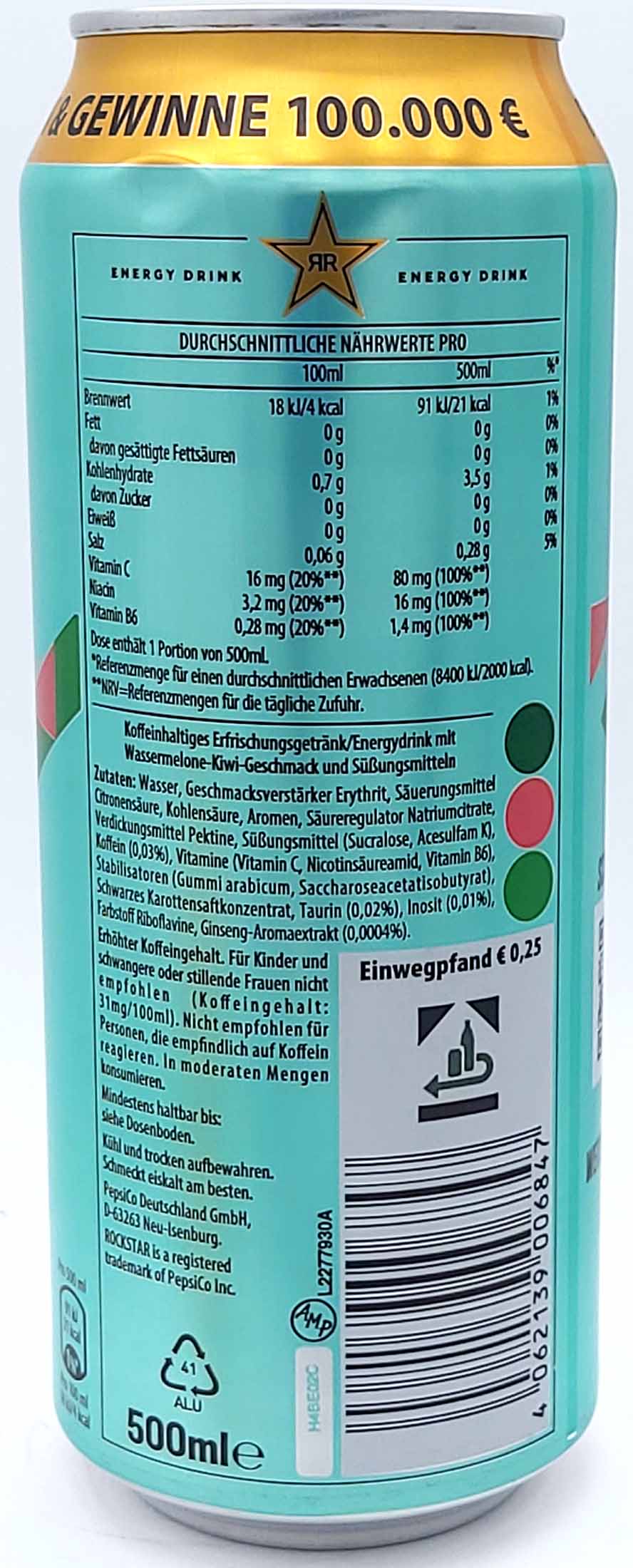 12x Rockstar Energy Drink Zero Sugar Watermelon Kiwi Flavour Dosen 12x500ml=6L, 4062139006854, 4062139006847