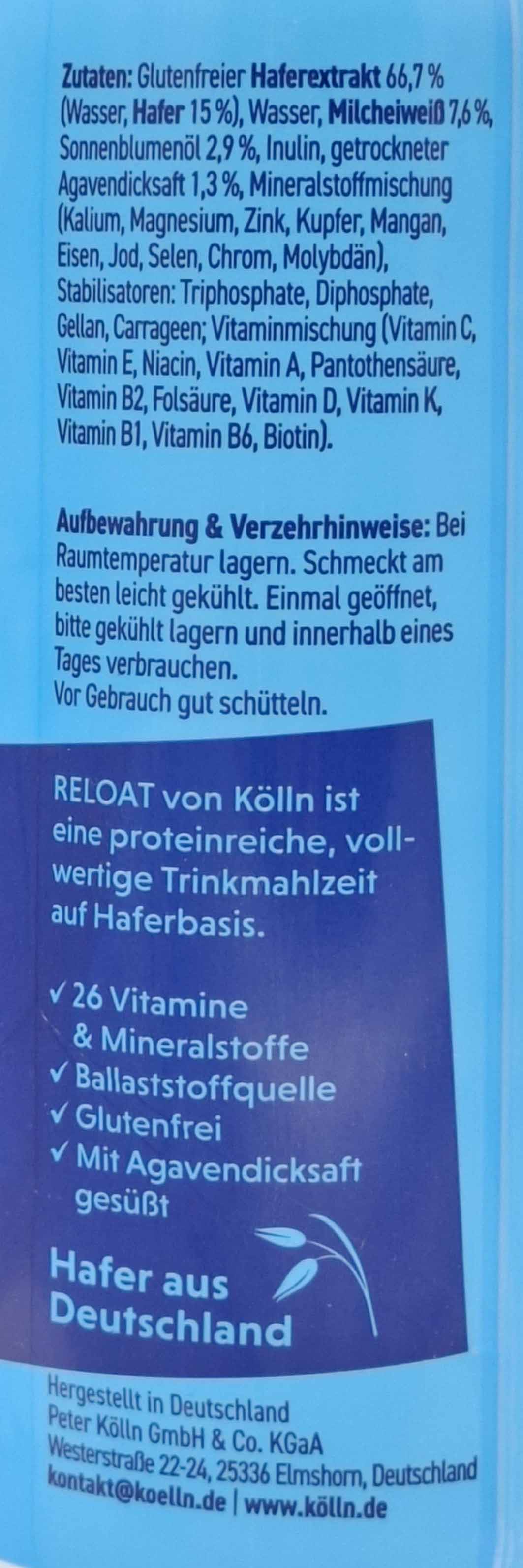Koelln Reloat Hafer Trinkmahlzeit Classic 500ml PET, 4000540006209, Zutaten