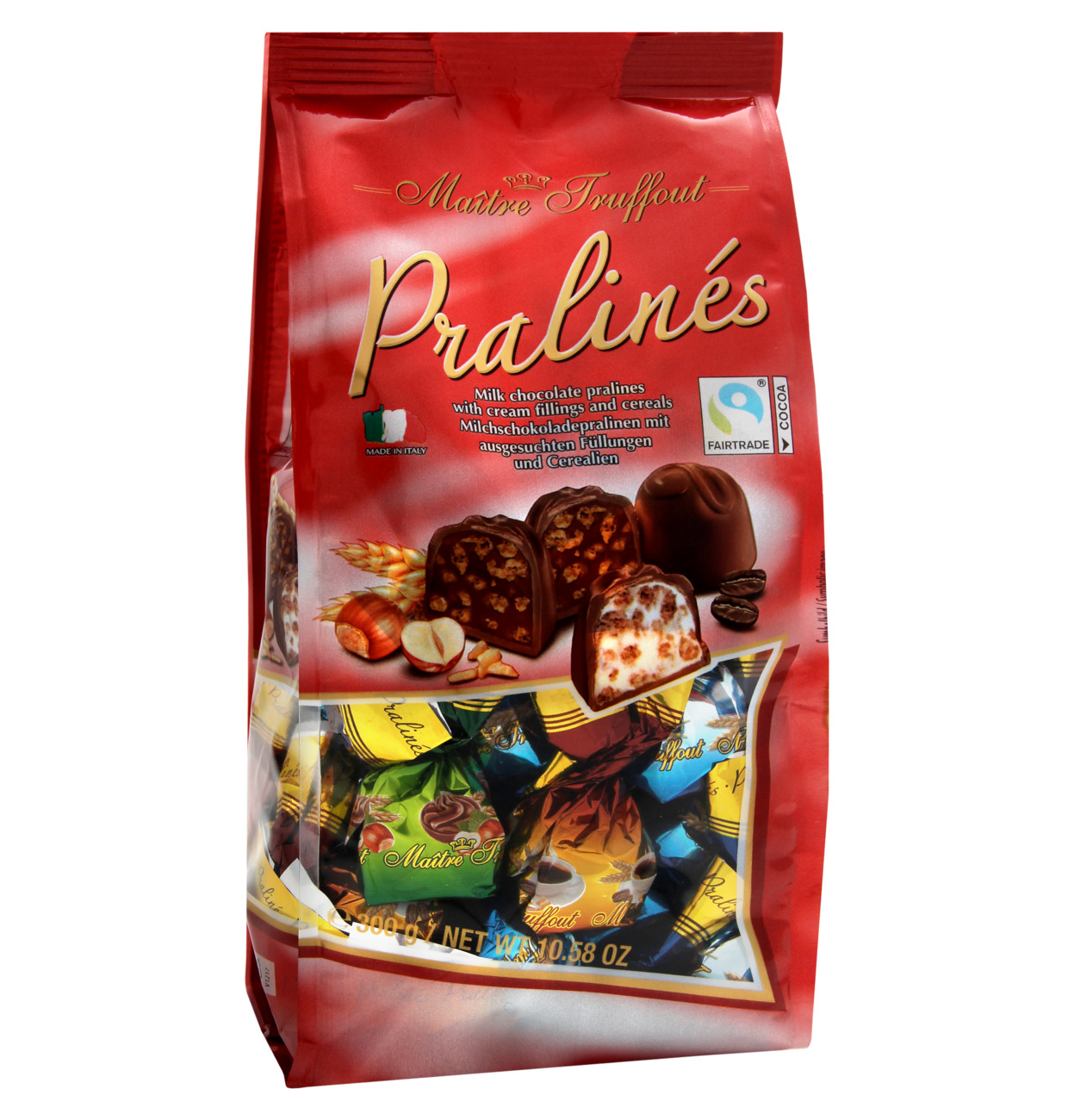 Maitre Truffout Pralines mit Milchschokolade und ausgesuchten Füllungen u. Ceralien 300g