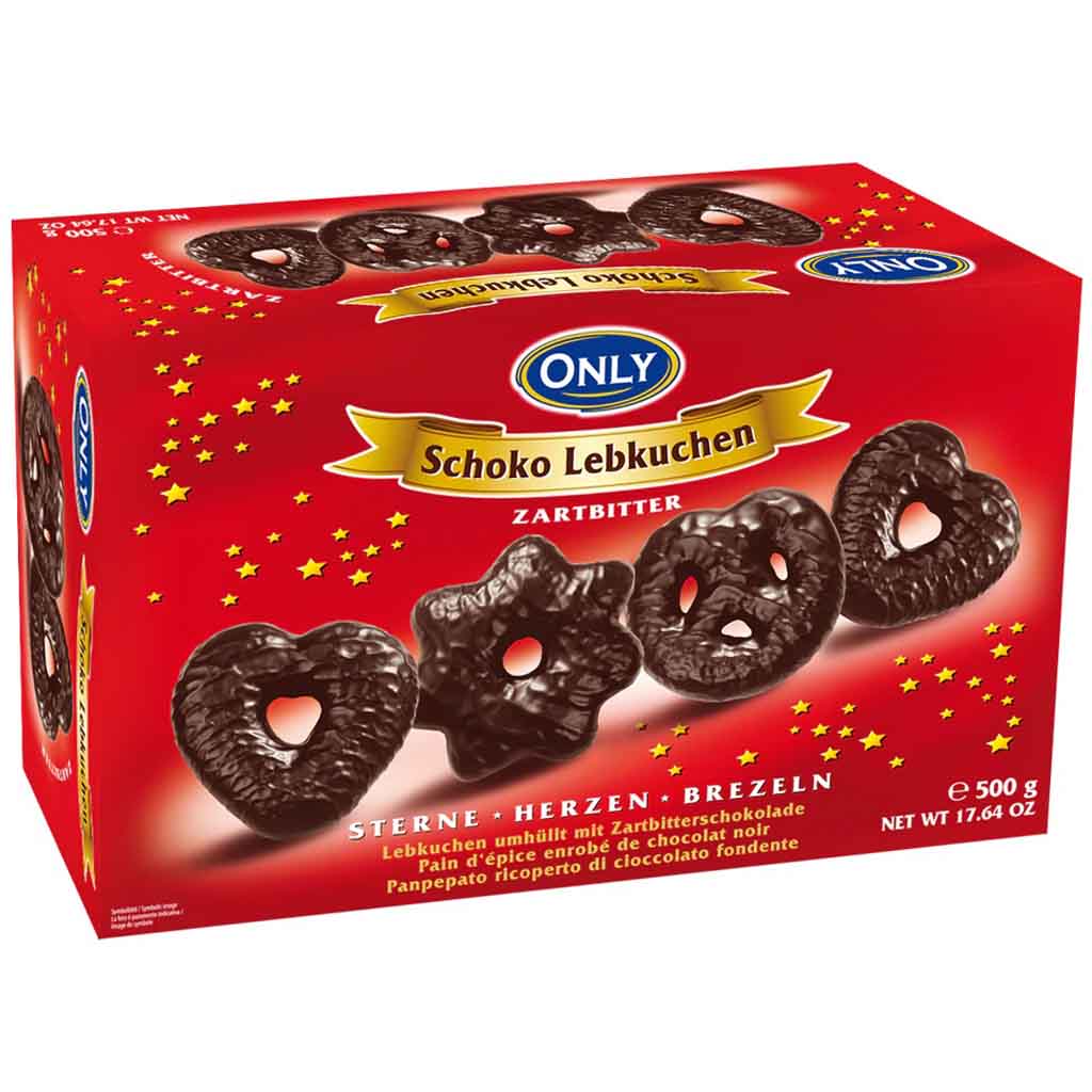Only Schokolebkuchen mit Zartbitterschokolade Sterne-Herzen-Brezeln 500g MHD 01.05.26