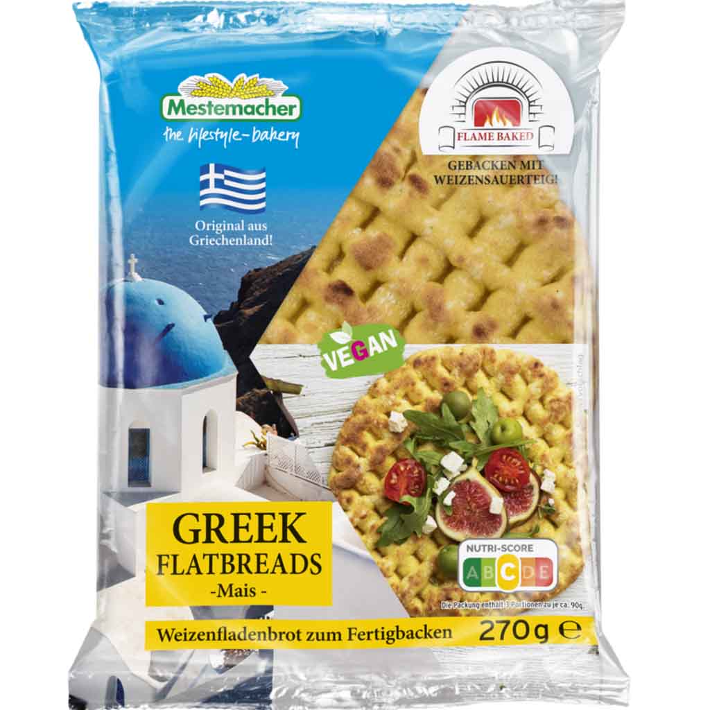 Mestemacher Greek Flatbreads mit 10% Maismehl 270g MHD 05.10.25