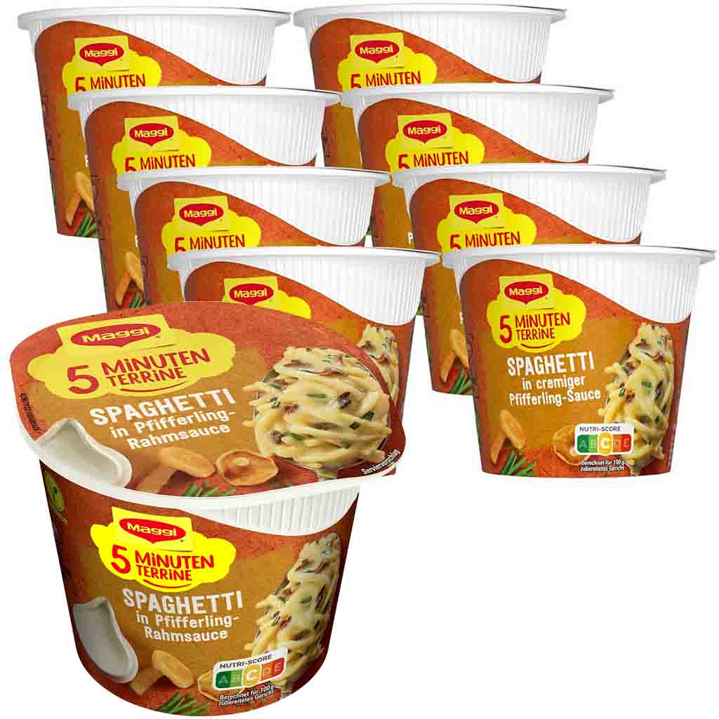8x Maggi 5 Minuten Terrine Spaghetti in Pfifferling Rahm Sauce á 54=432g MHD 30.06.26