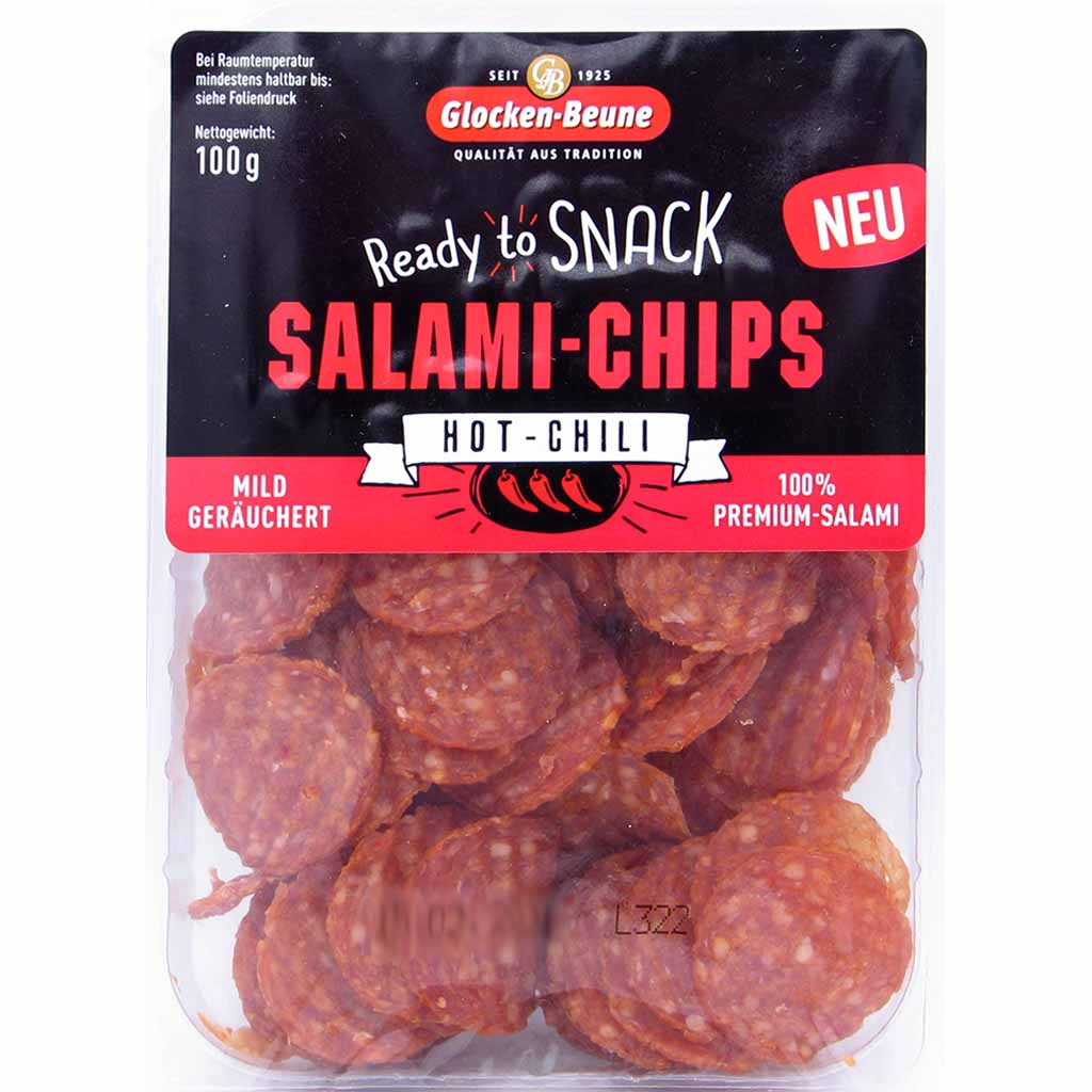 Glocken-Beune Salami-Chips Hot-Chili mild geräuchert 100g MHD 12.12.25