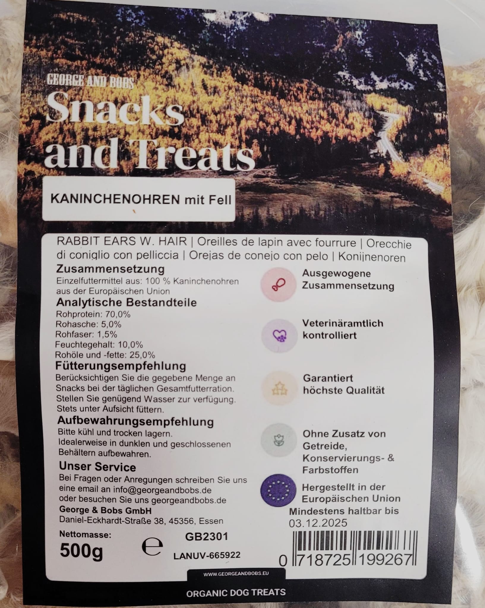 Hundesnack Kaninchen Ohren mit Fell 500g MHD 11.08.27