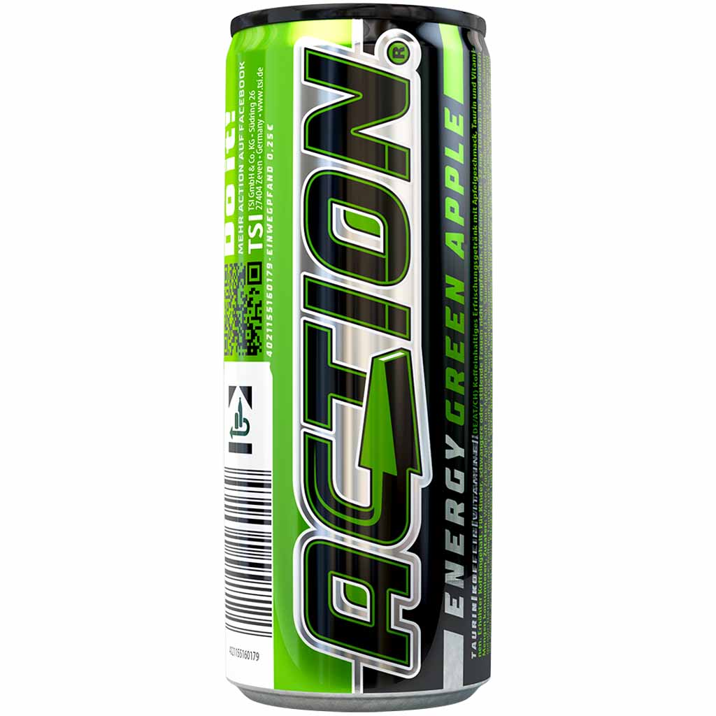 24x Action Energy Drink Green Apple DOSE á 250ml=6L MHD 26.06.27