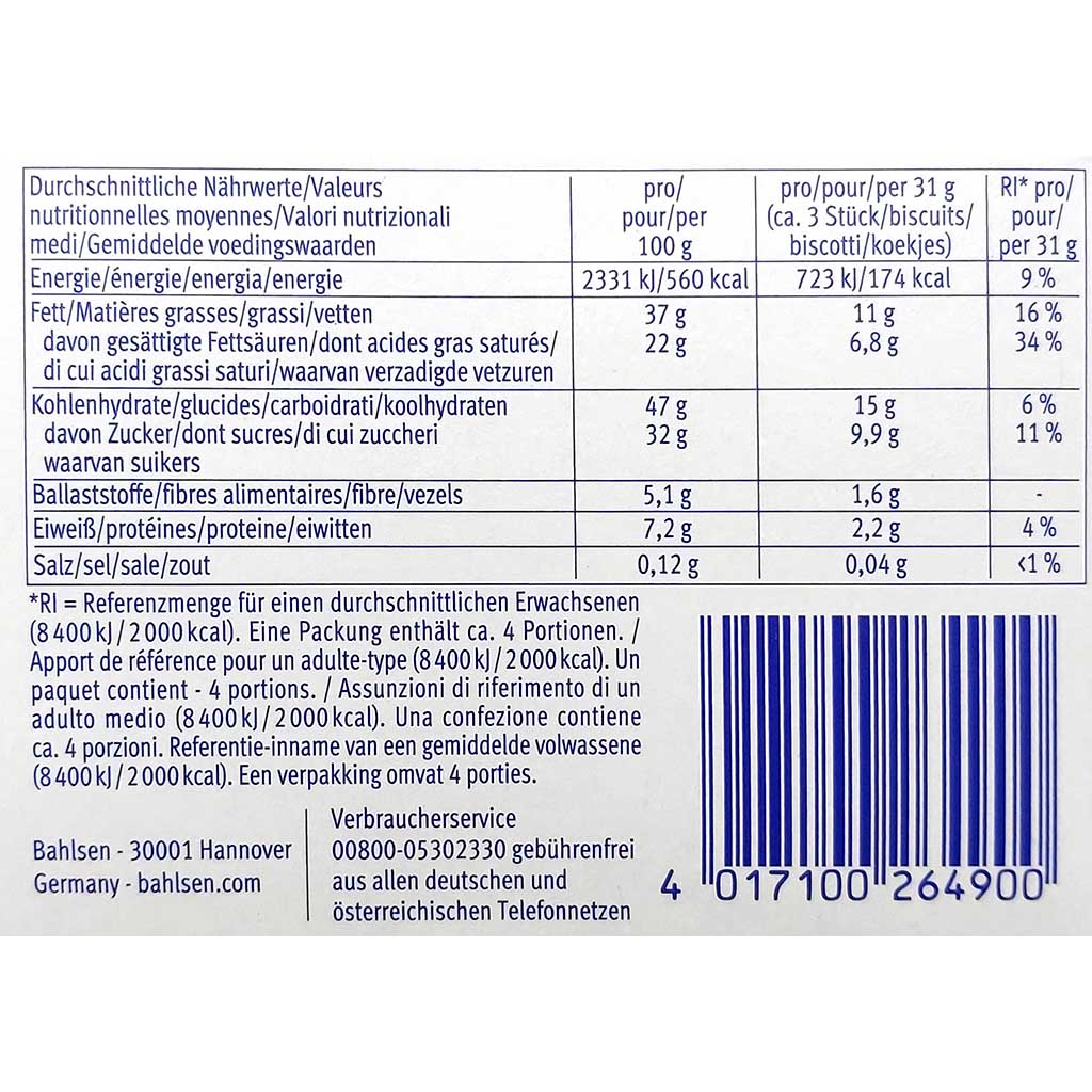 Bahlsen Ohne Gleichen Edelherb Kekse 125g Nährwerte