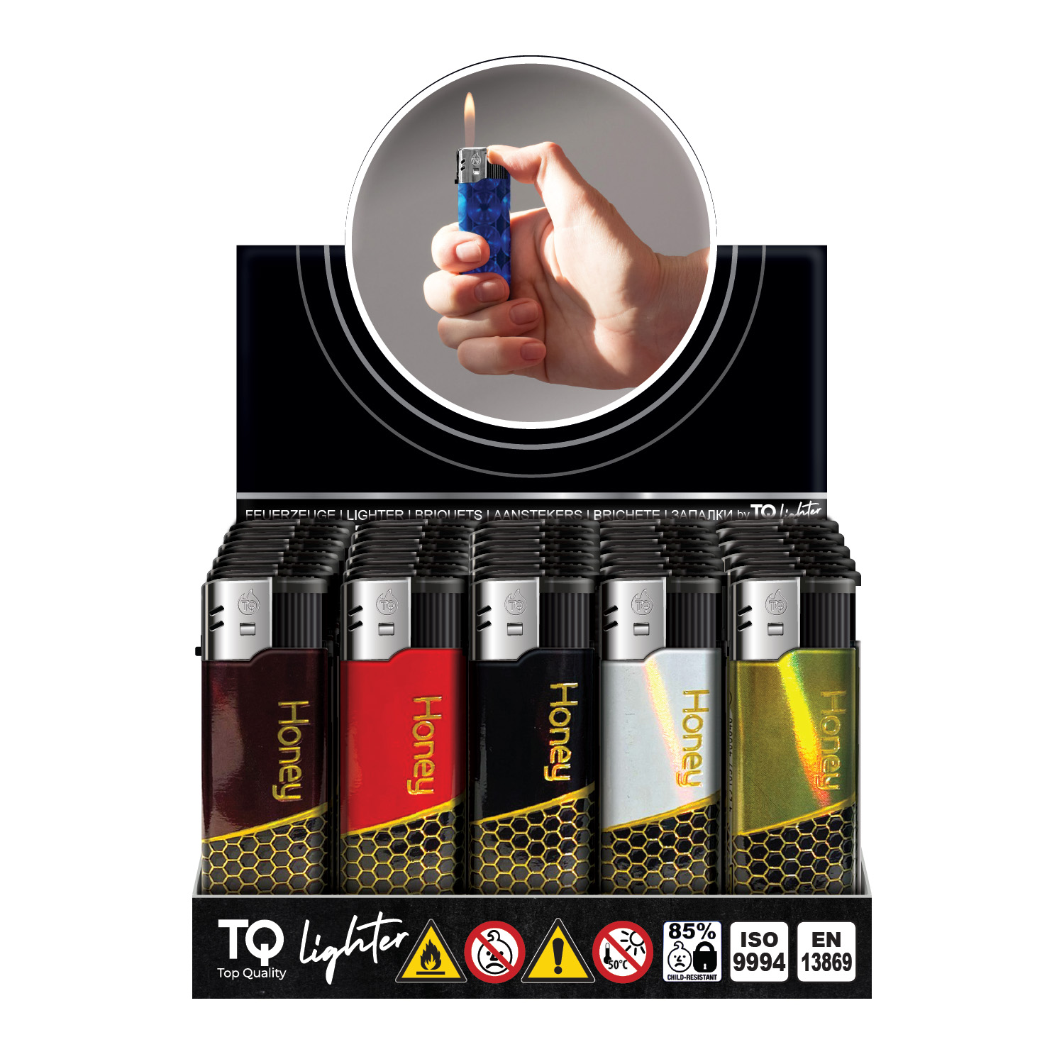 TQ ALU-Motivfeuerzeug Honeycomb im Aufsteller 50er Elektronik