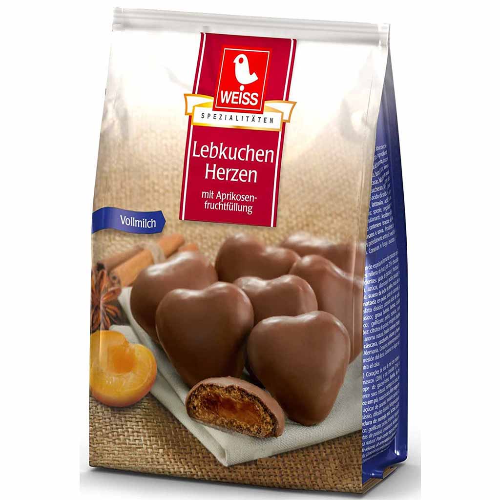 Weiss Lebkuchen Herzen mit Aprikosenfüllung Milchschokolade 150g MHD 30.04.26