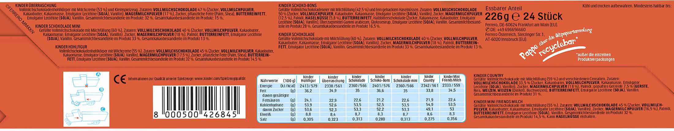 kinder Mix Adventskalender 3D-Zug 226g Zutaten und Nährwerte, 8000500426845