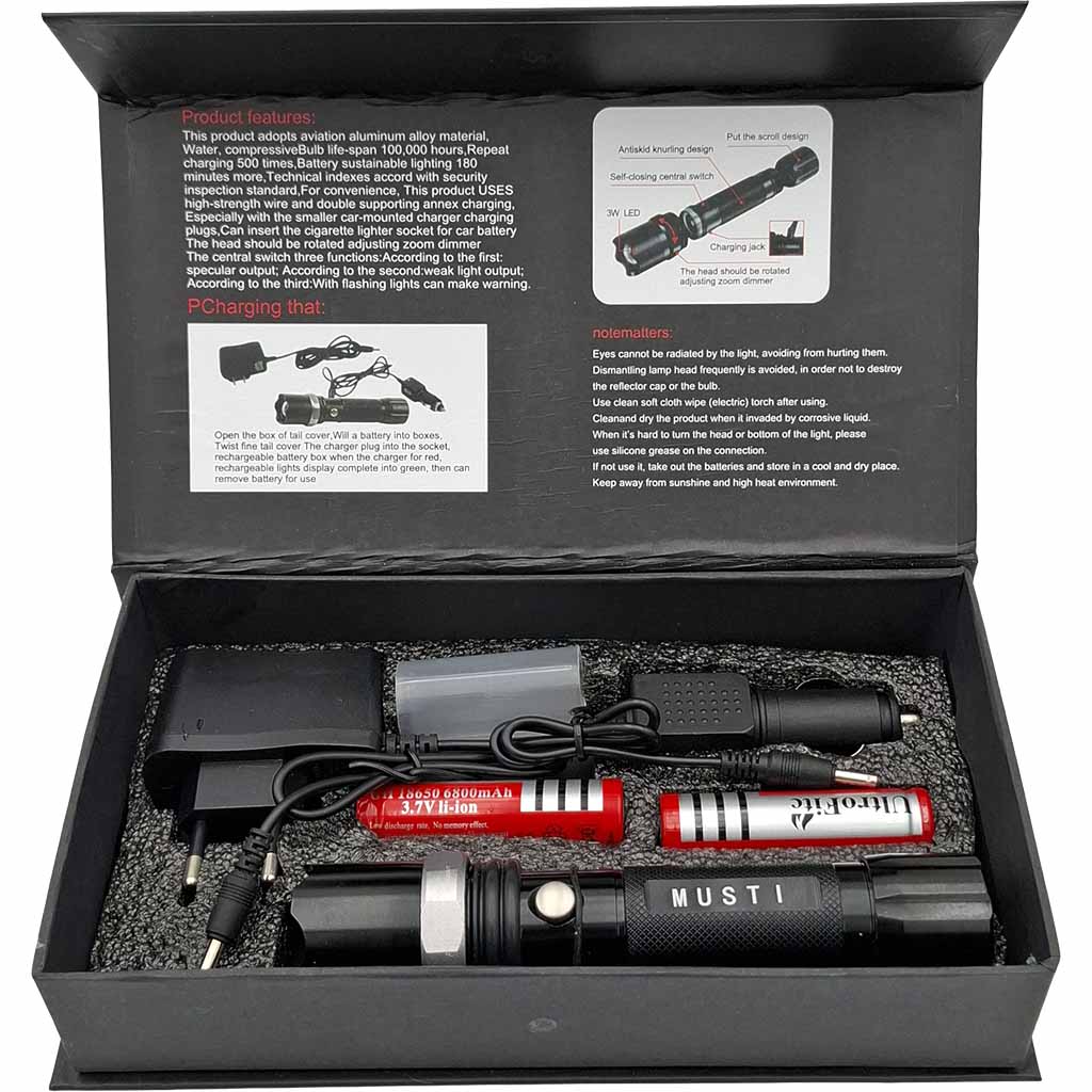 LED-Taschenlampe mit Zoom und 2 Akkus