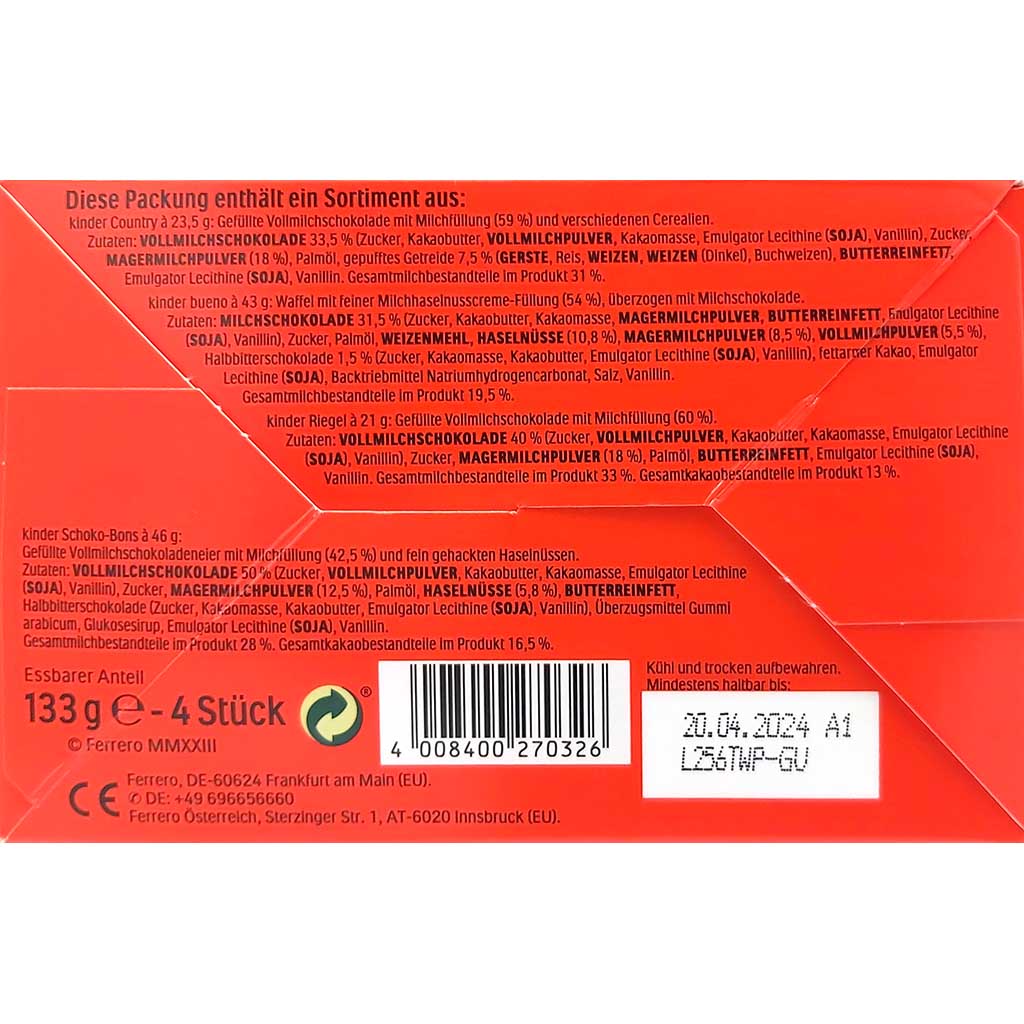 kinder Maxi Mix Plüschtier  133g Zutaten