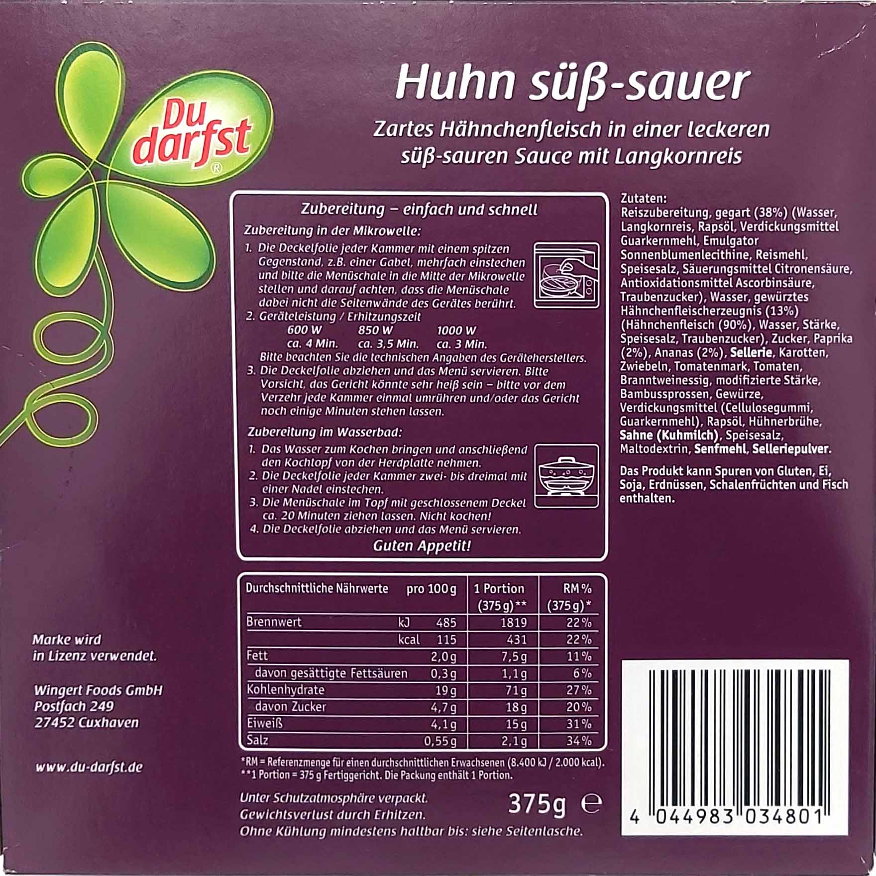 Du Darfst Wingert Fertiggericht Huhn Süß Sauer mit Langkornreis 375g