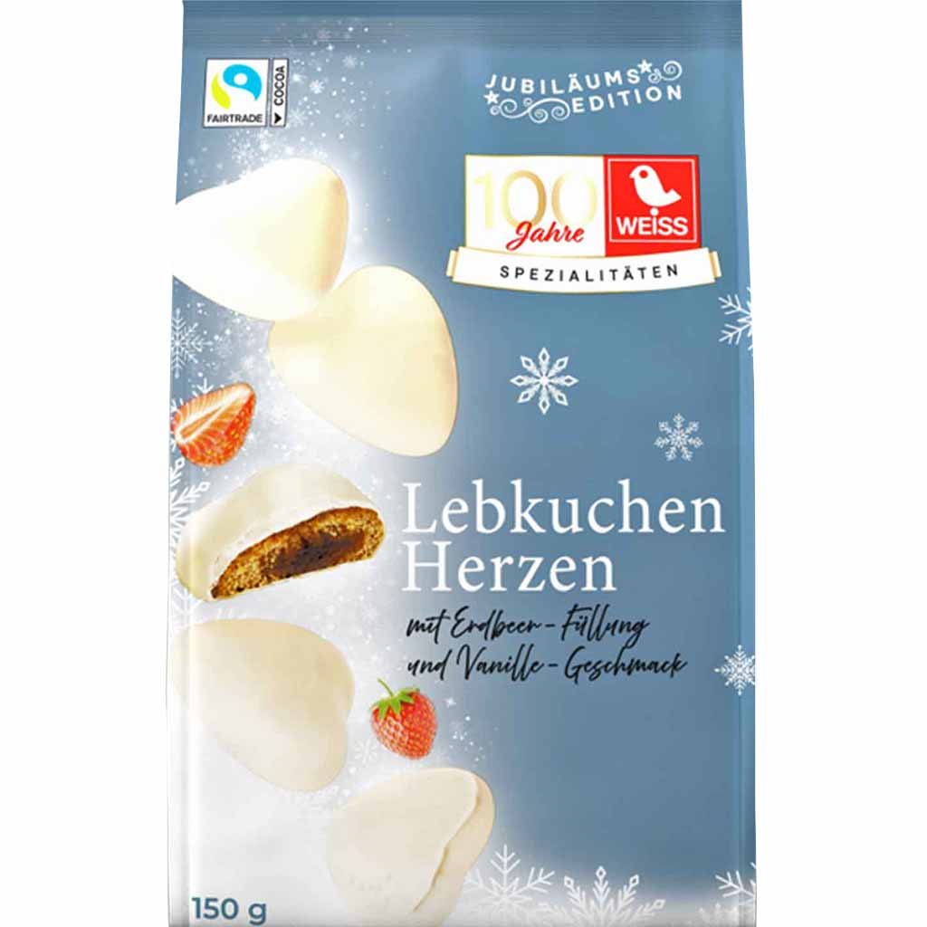 Weiss gefüllte Lebkuchen Herzen Weiße Schokolade Erdbeer-Vanille 150g MHD 30.04.26