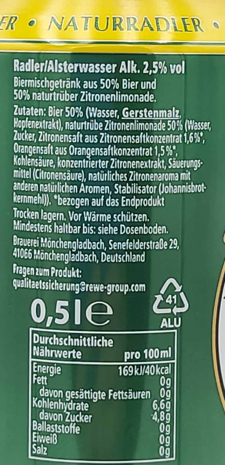 Turmbräu Naturradler 0,5L Dose Alsterwasser,  4388441007168, Zutaten