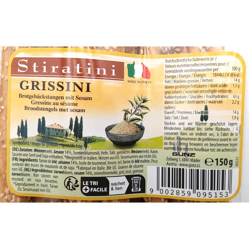 Stiratini Grissini mit Sesam 150g Label