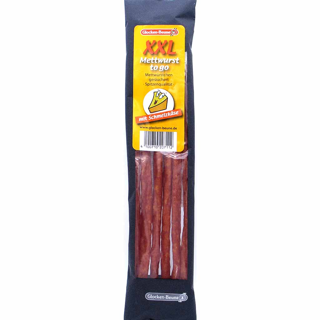 Glocken-Beune XXL Mettwurst to go mit Schmelzkäse 100g MHD 17.10.25