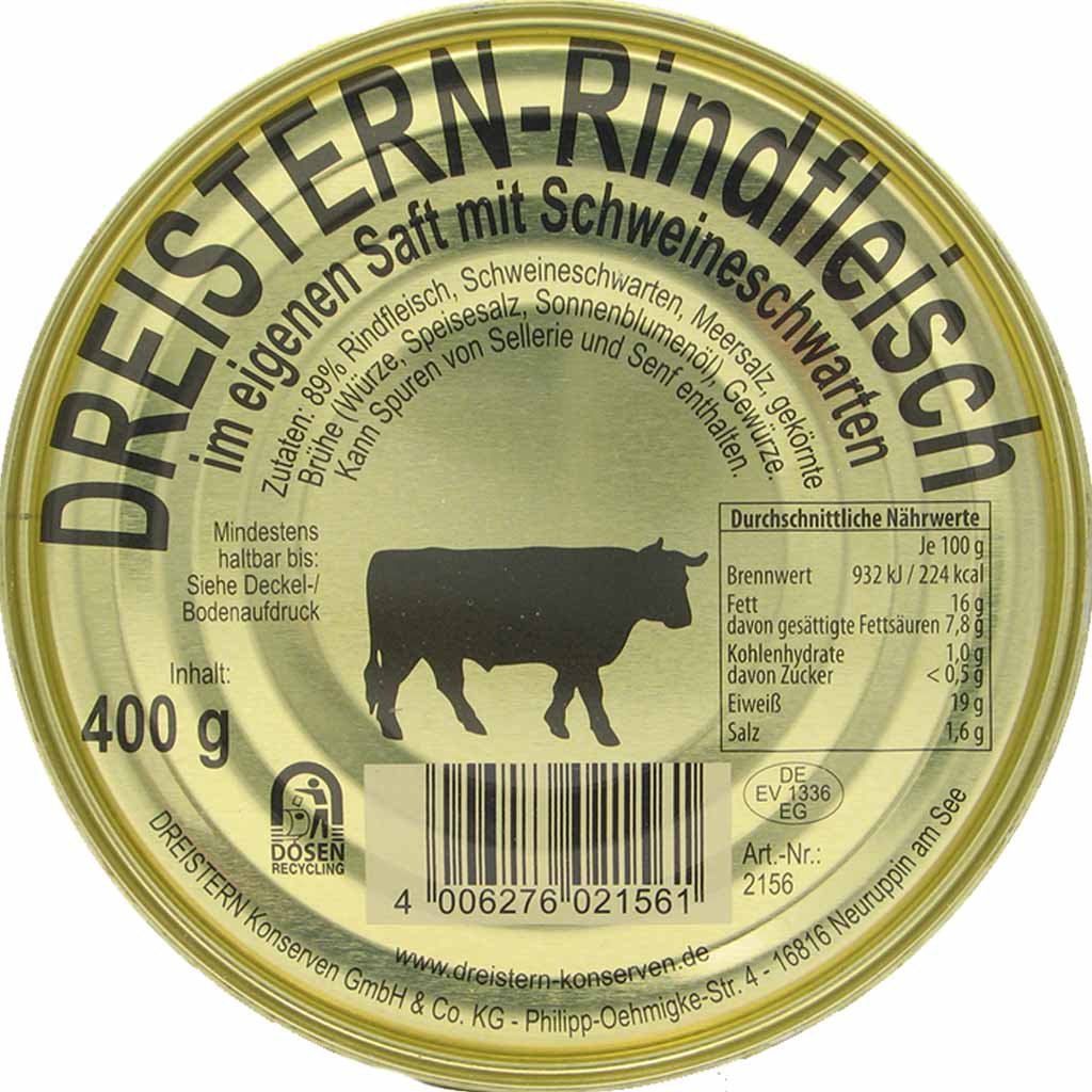 Dreistern Rindfleisch im eigenen Saft Konserve 400g MHD 16.04.28