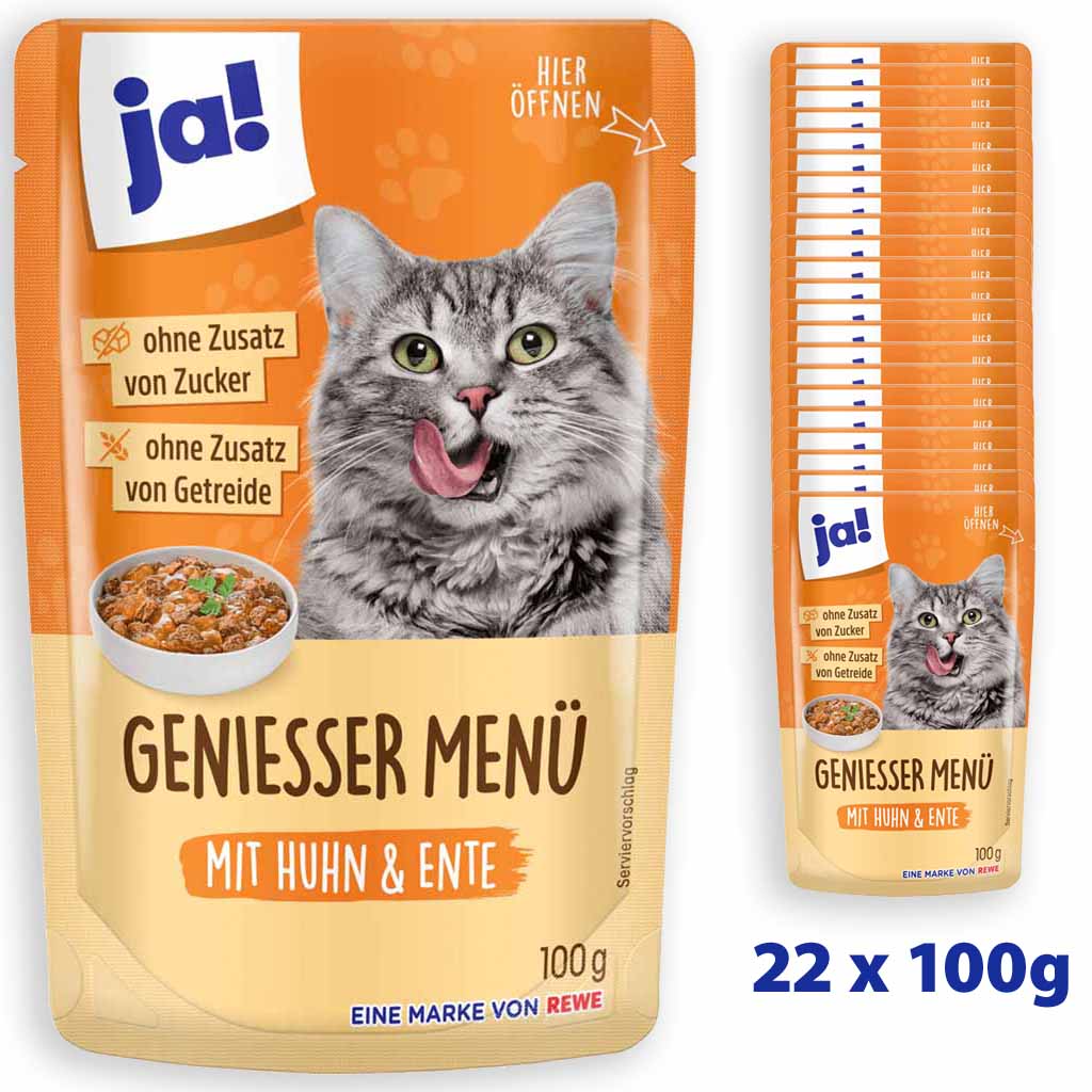 22x ja! Geniesser Menü Huhn & Ente 100g in Gelee - Alleinfuttermittel für ausgewachsene Katzen  4337256571678, 4337256582667