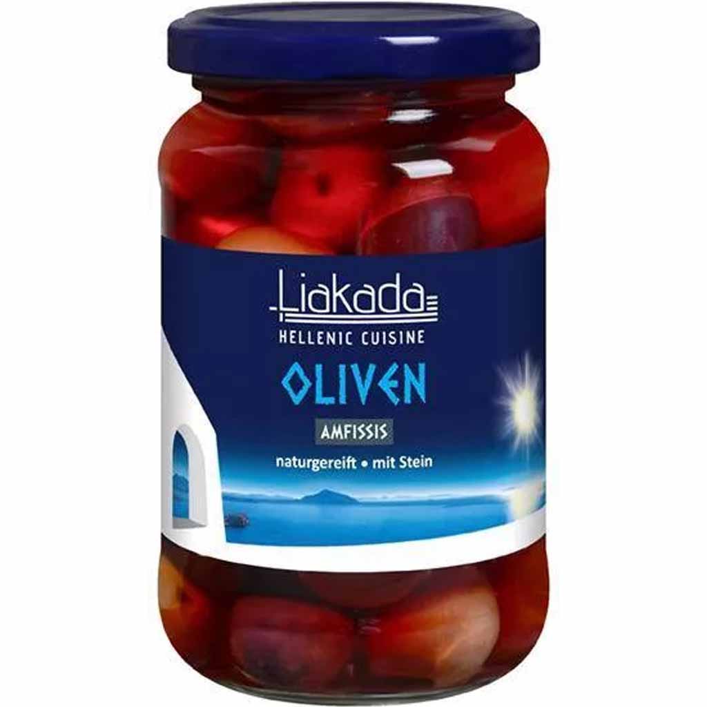 Liakada Schwarze Amfissis Oliven extra groß mit Stein 200g MHD 17.04.28