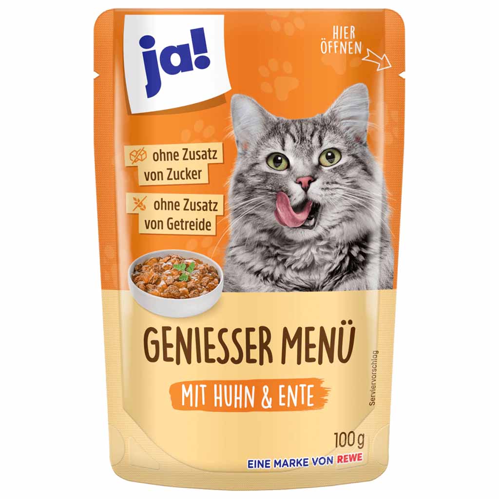 22x ja! Geniesser Menü Huhn & Ente 100g in Gelee - Alleinfuttermittel für ausgewachsene Katzen , 4337256571678, 4337256582667