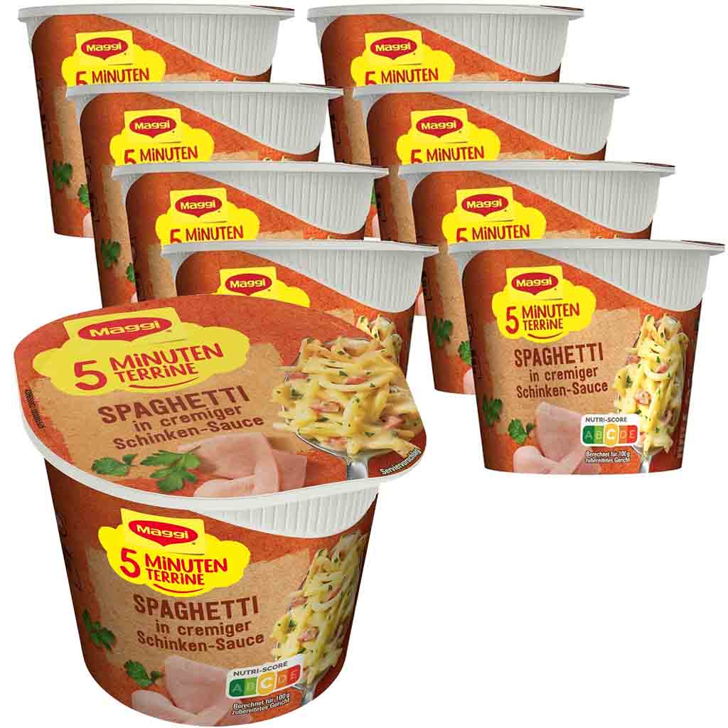 8x Maggi 5 Minuten Terrine Spaghetti in Schinken Sauce á 64=512g MHD 30.07.26