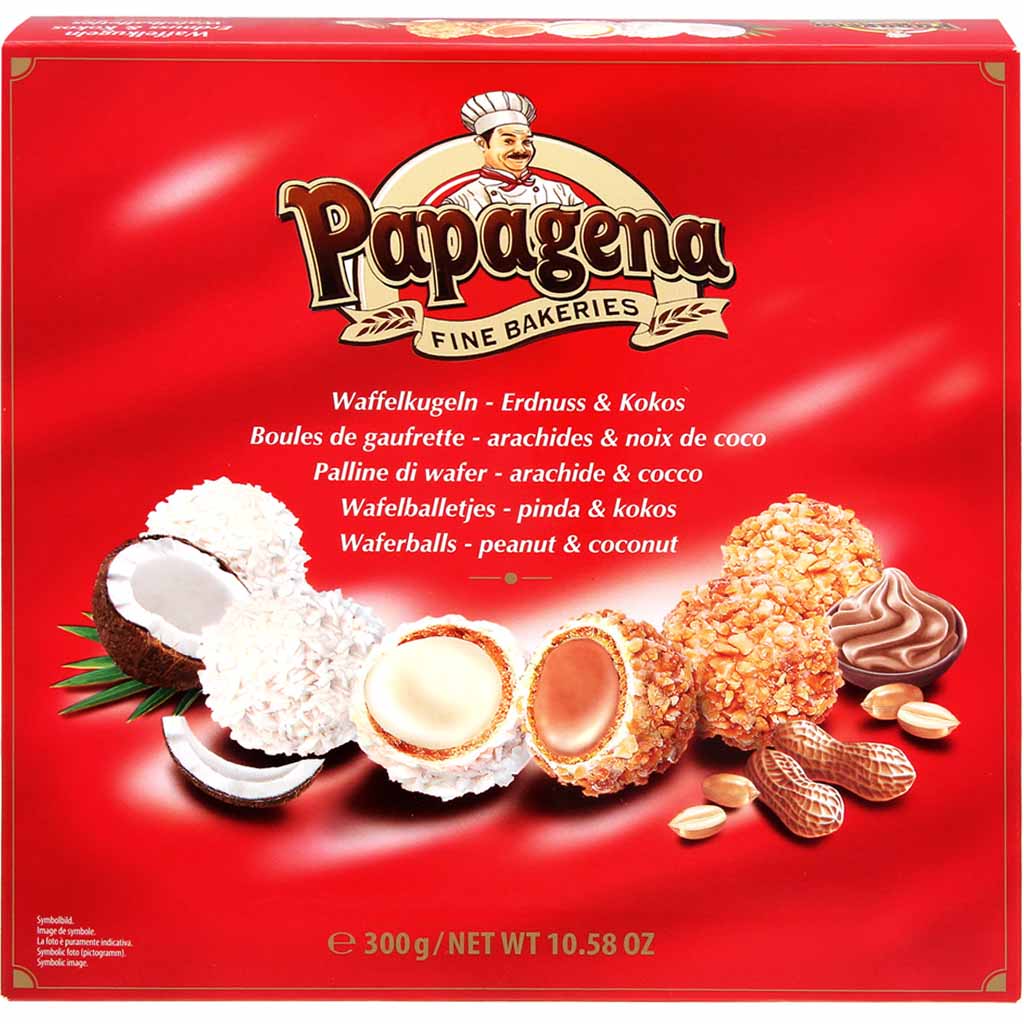 Papagena Fine Bakeries Waffelkugeln Erdnuss & Kokos 300g MHD 15.11.25