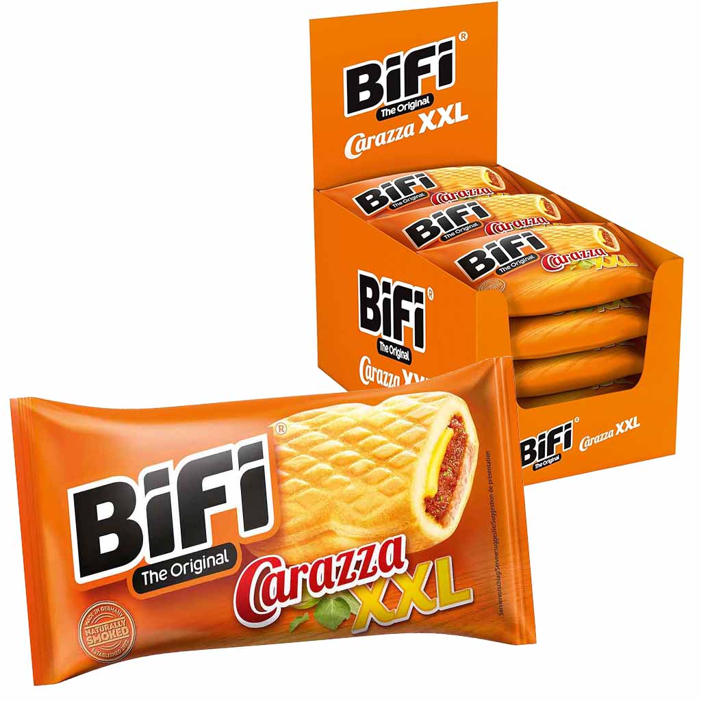 https://www.lebensmittel-sonderposten.de/media/image/12/65/3d/Bifi_Carazza_XXL_16x75g_1200g_Display_front.jpg