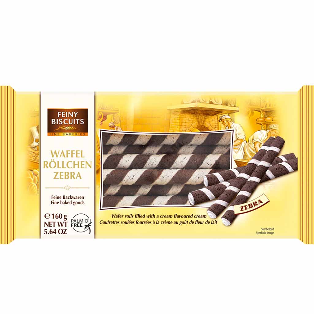Feiny Biscuits Waffelröllchen Zebra mit Cremefüllung 160g MHD 23.02.26
