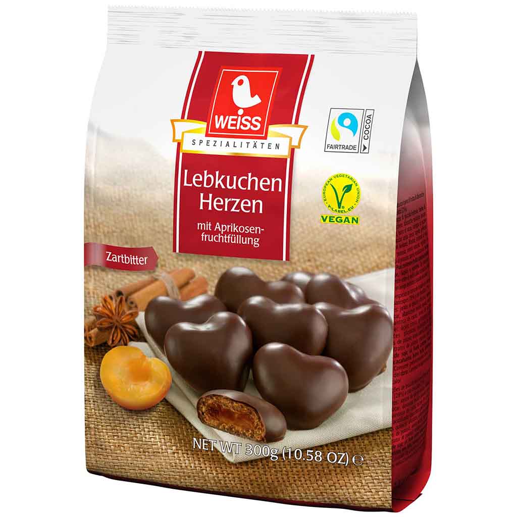 Weiss Lebkuchen Herzen mit Aprikosenfüllung Zartbitterschokolade 300g MHD 30.04.26