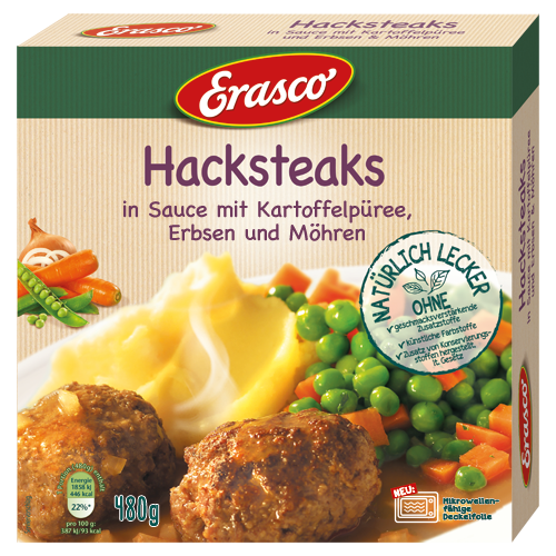 Erasco Hacksteaks in Sauce mit Kartoffelpüree und Erbsen und Möhren 480g Fertiggericht