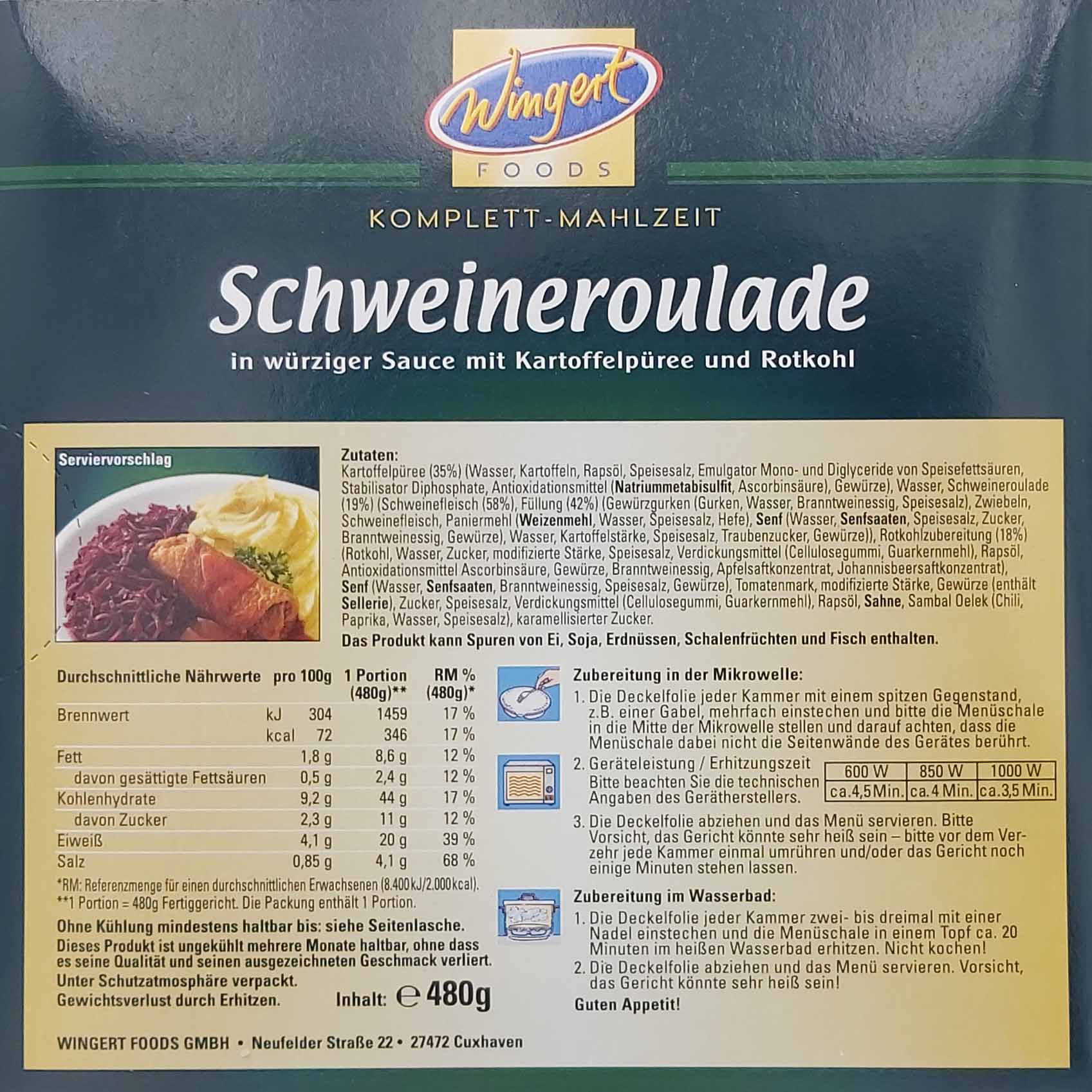Wingert Fertiggericht Schweineroulade mit Kartoffelpüree und Rotkohl 480g