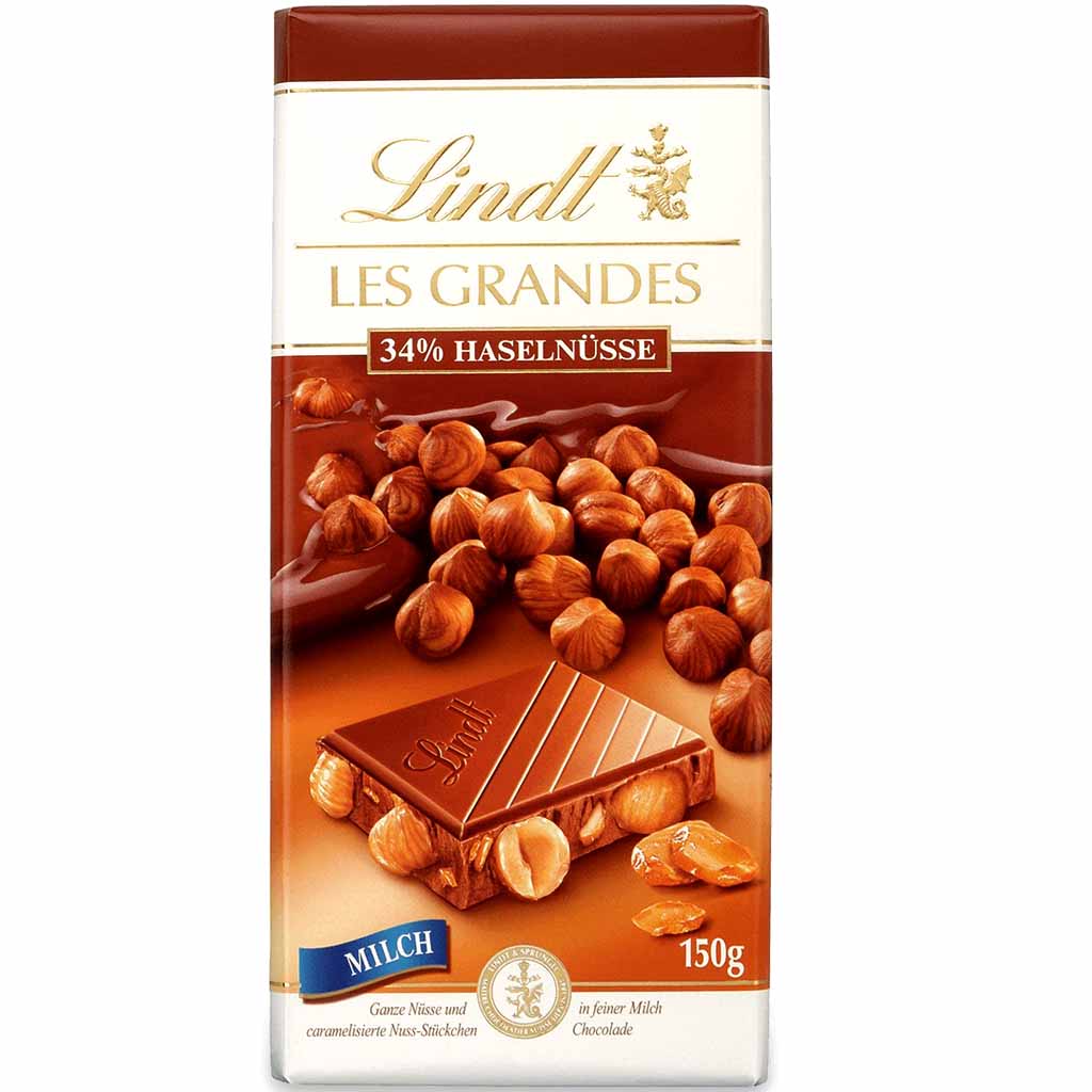 Lindt Les Grandes 34% Haselnüsse Milch 150g MHD 30.04.26