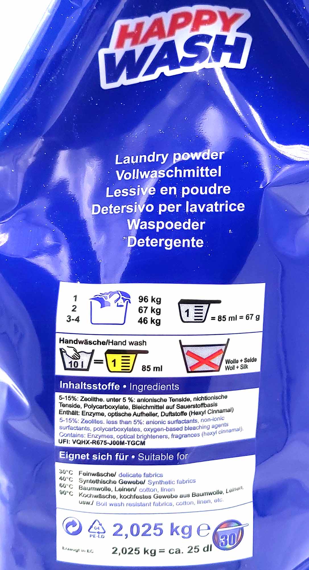 Vollwaschmittel  30 Wäschen von Happy Wash  2,025 kg Inhaltsstoffe