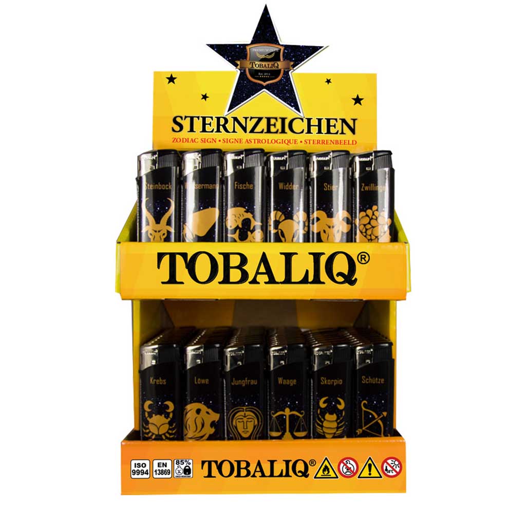 100x TobaliQ Elektronik Feuerzeug Sternzeichen im Thekendisplay