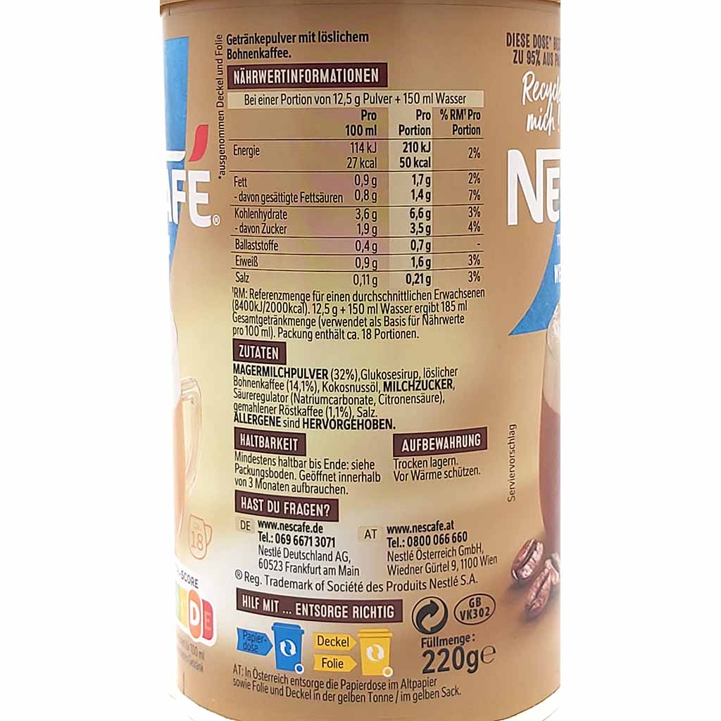Nescafe Cappuccino weniger Süss 220g Dose Zutaten