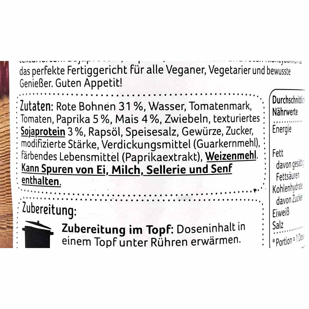 Buss Chili Sin Carne Vegan Bohnengericht 400g Dose