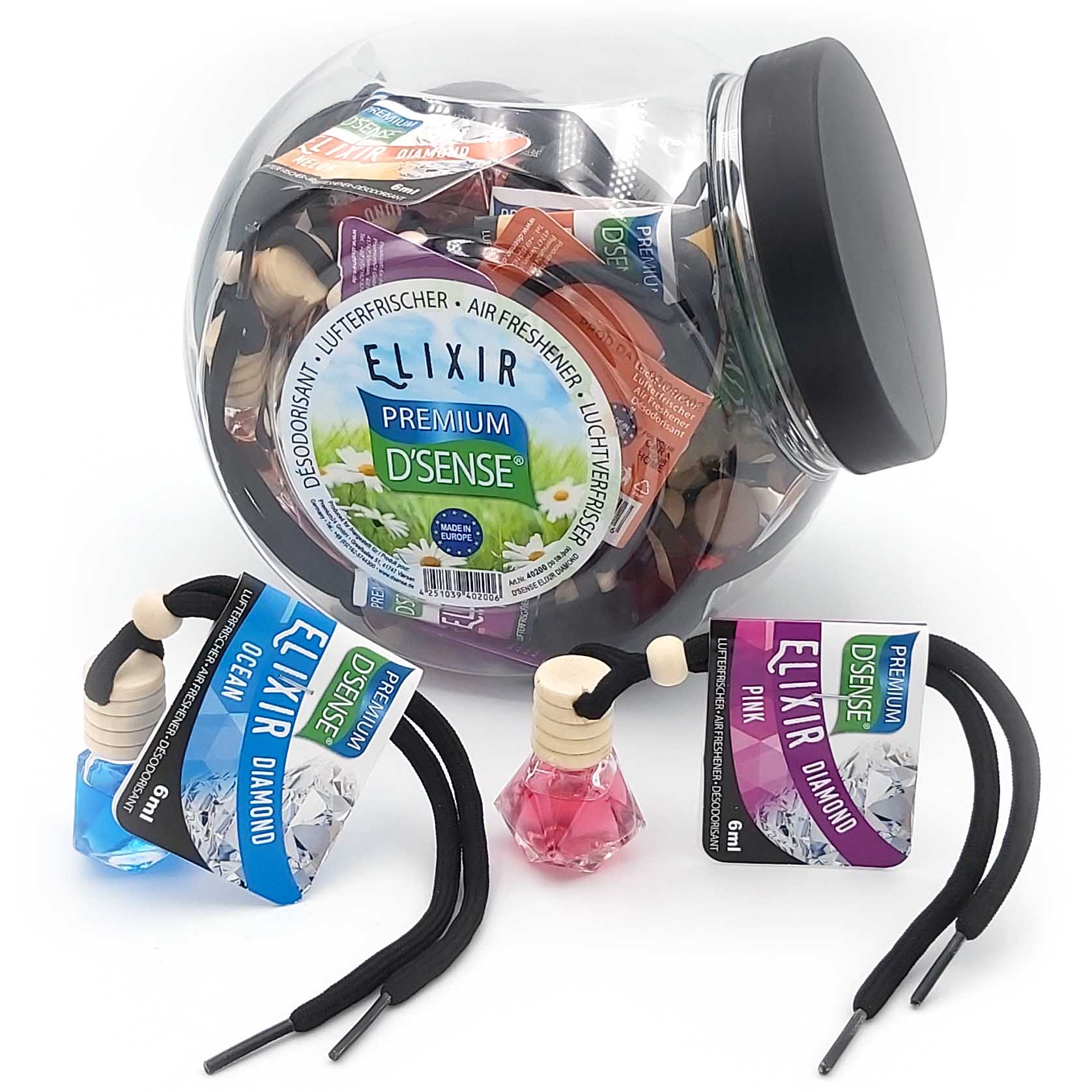Eliixir Auto Lufterfrischer 30 Verkausfbox in Glasflasche mit Aufhänger